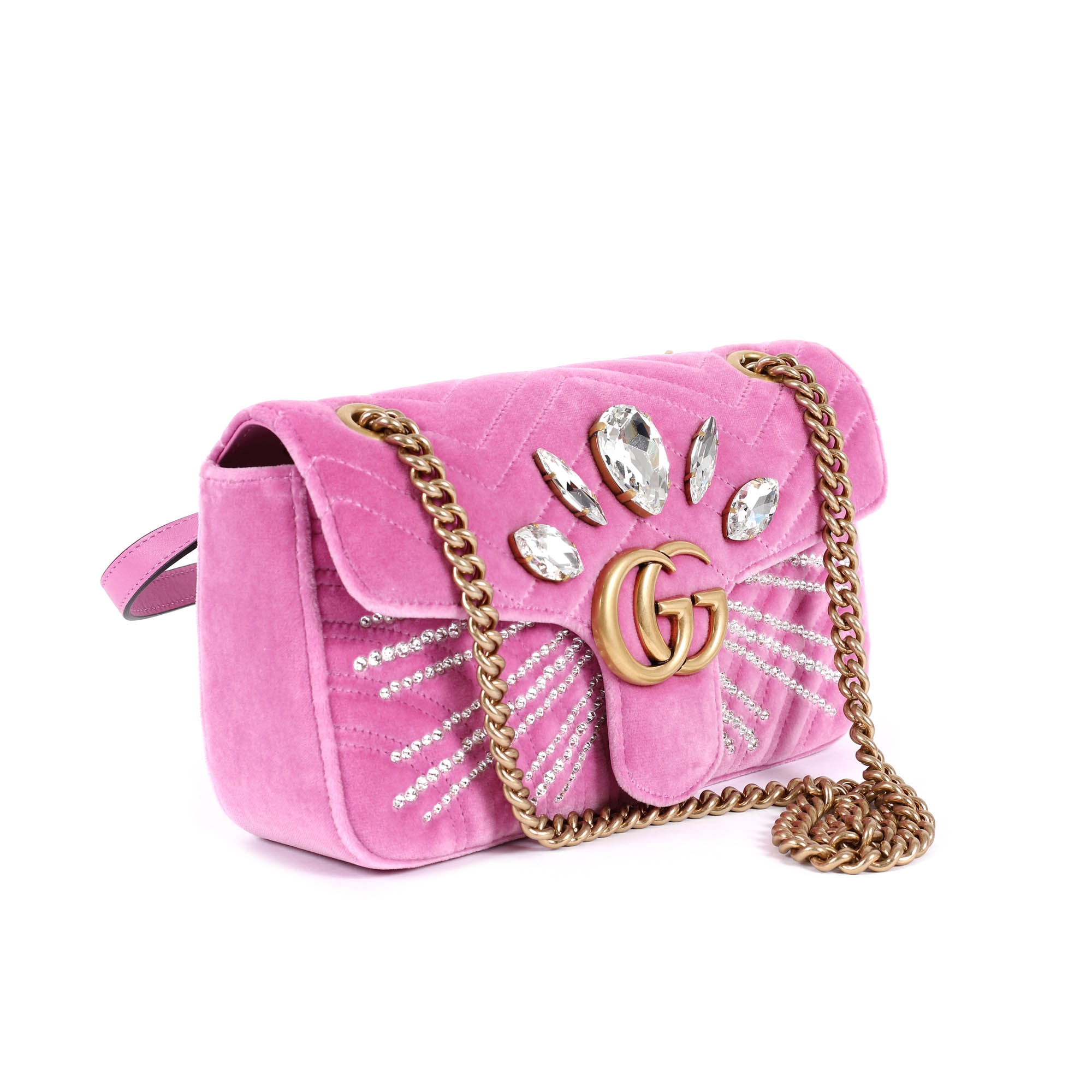 ”Marmont Velvet” - geantă Gucci, din catifea, de culoare roz pal, decorată cu cristale cusute manual, de damă