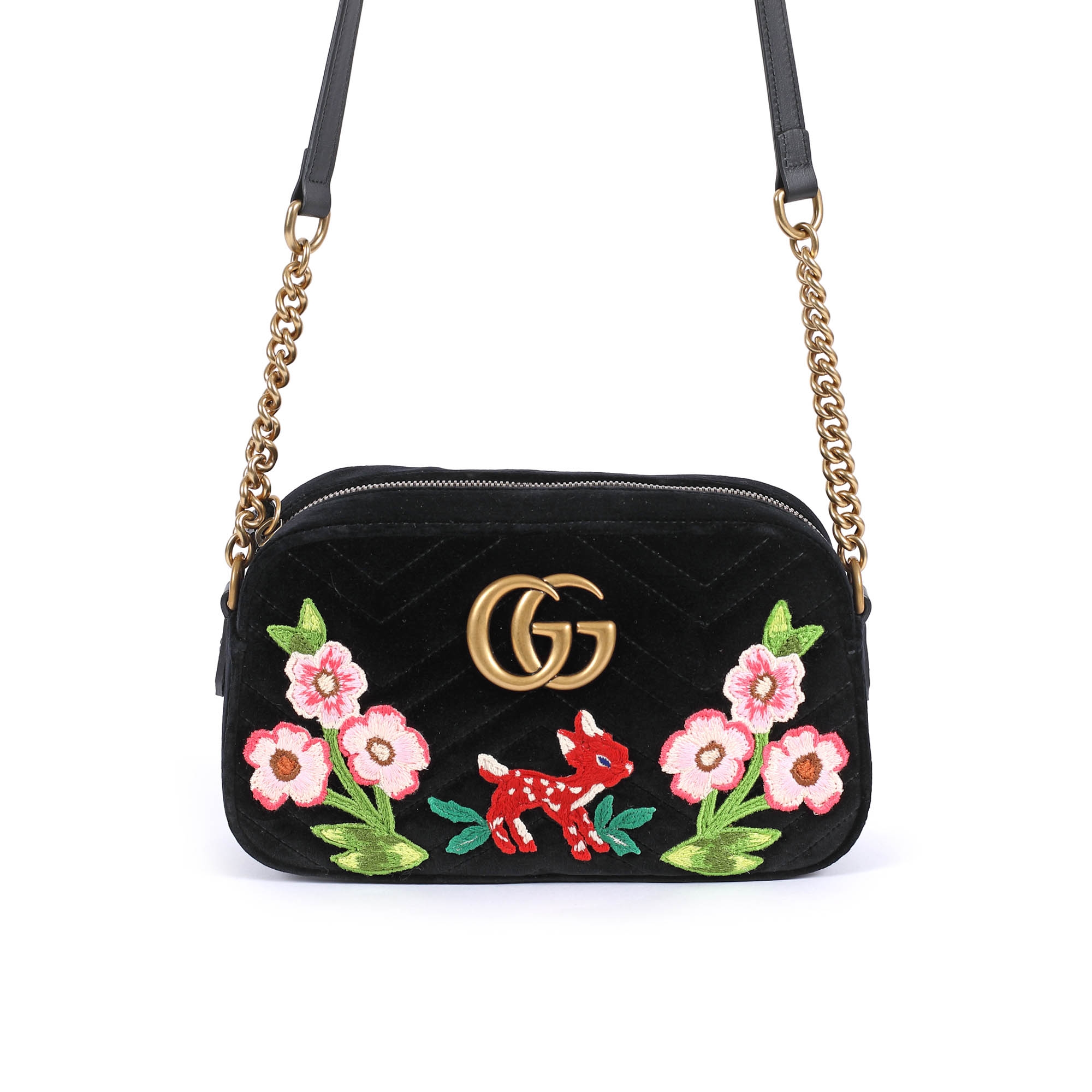 ”Marmont Bambi” - geanta Gucci, din catifea matlasată, de culoare neagră, decorată cu elemente floră și faună brodate, în tonuri de roz și verde