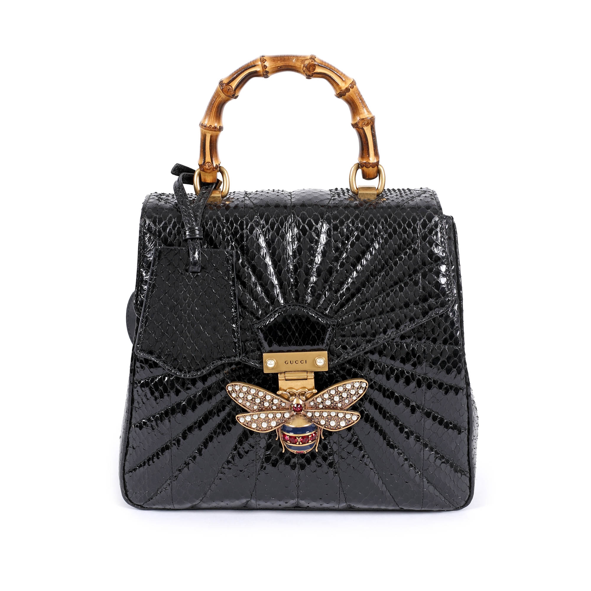 ”Queen Margaret” - geantă tip rucsac Gucci, din piele de piton, de culoare neagră, decorată cu mâner din bambus