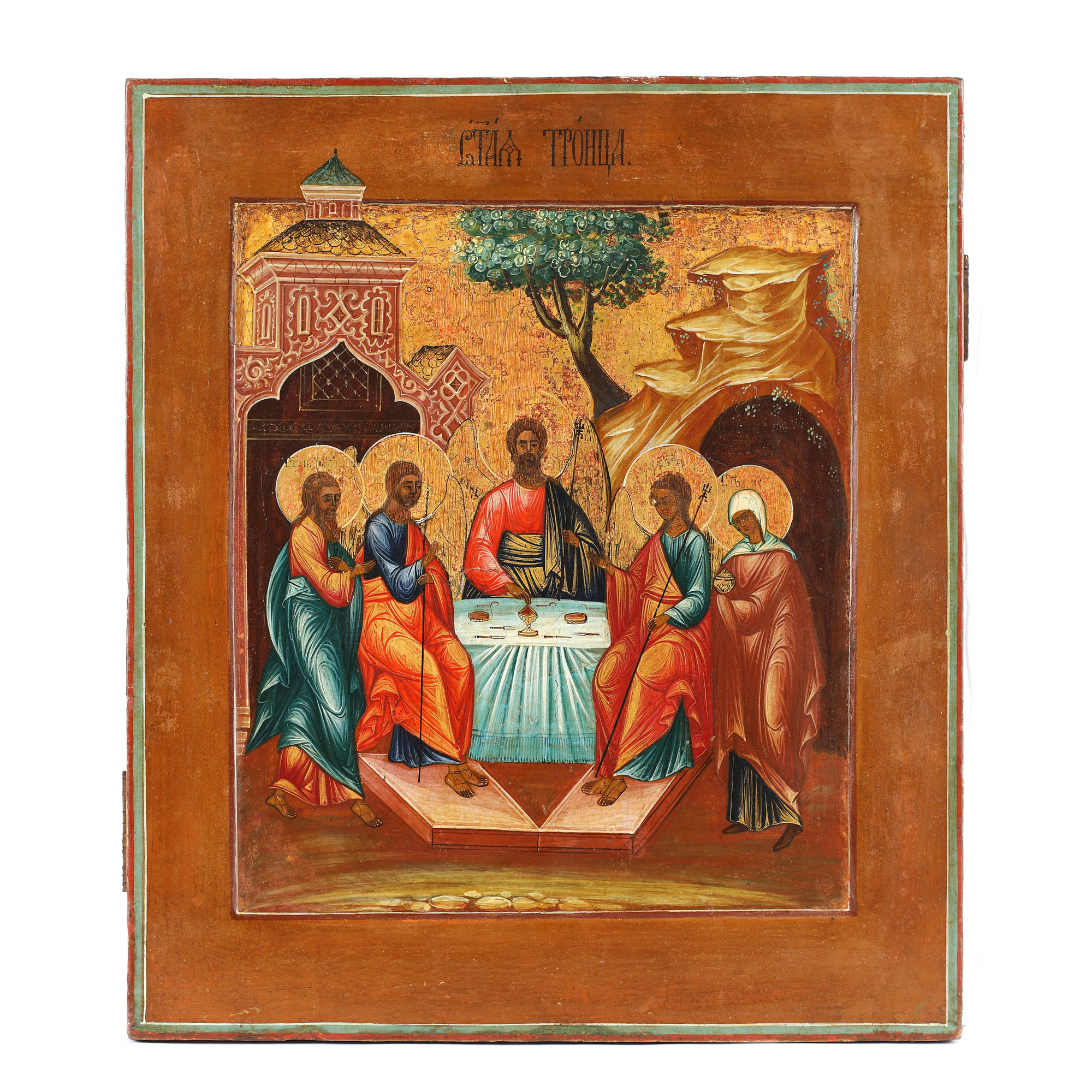 Icoană pe lemn, ”Sfânta Treime” (Cina de la Mamvri), școală rusească (Palekh), prima jumătate a sec. XIX