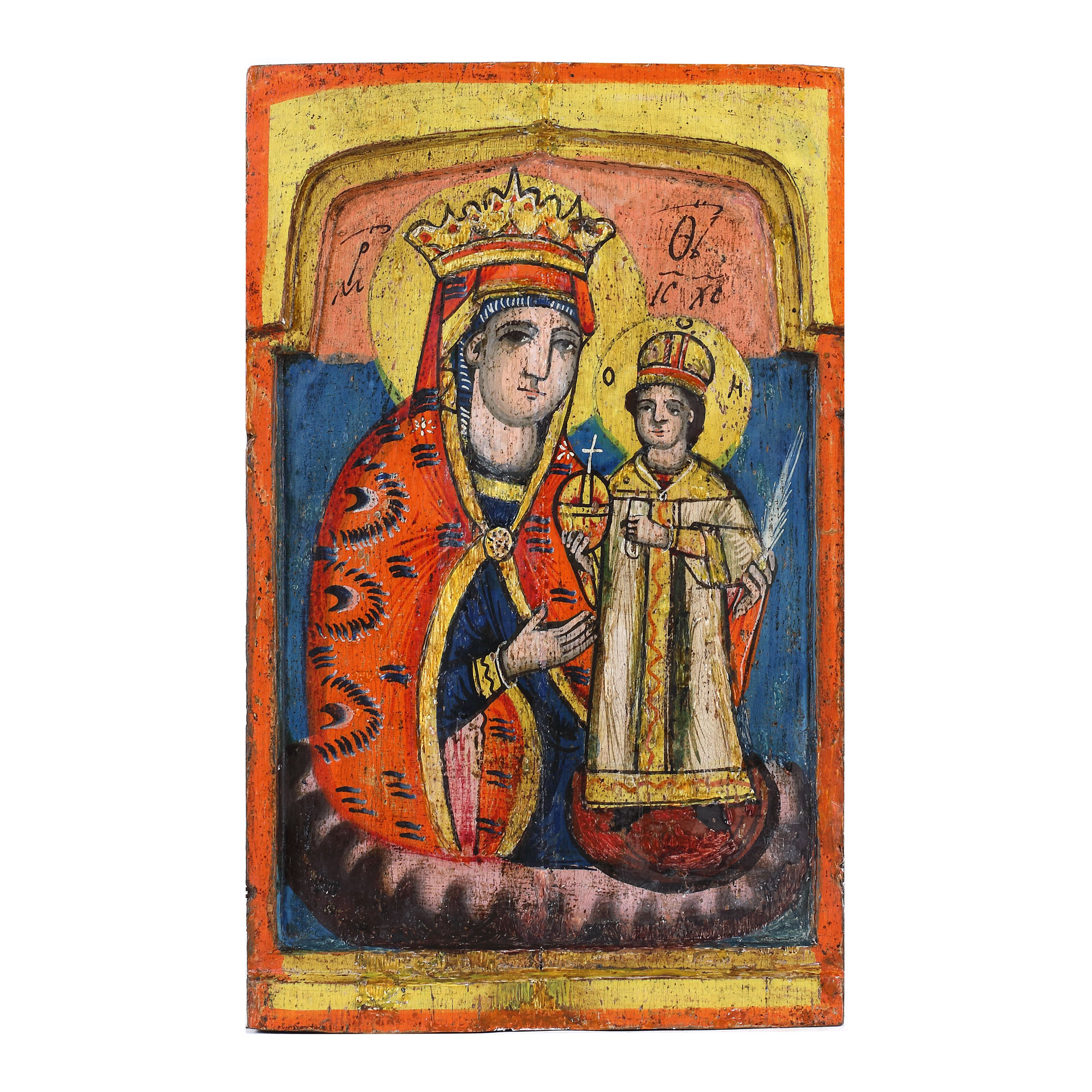 Icoană pe lemn, ”Maica Domnului cu Pruncul (Kazanskaia), școală sud-dunăreană, începutul sec. XIX, provine din colecția pictorului Honoriu Crețulescu
