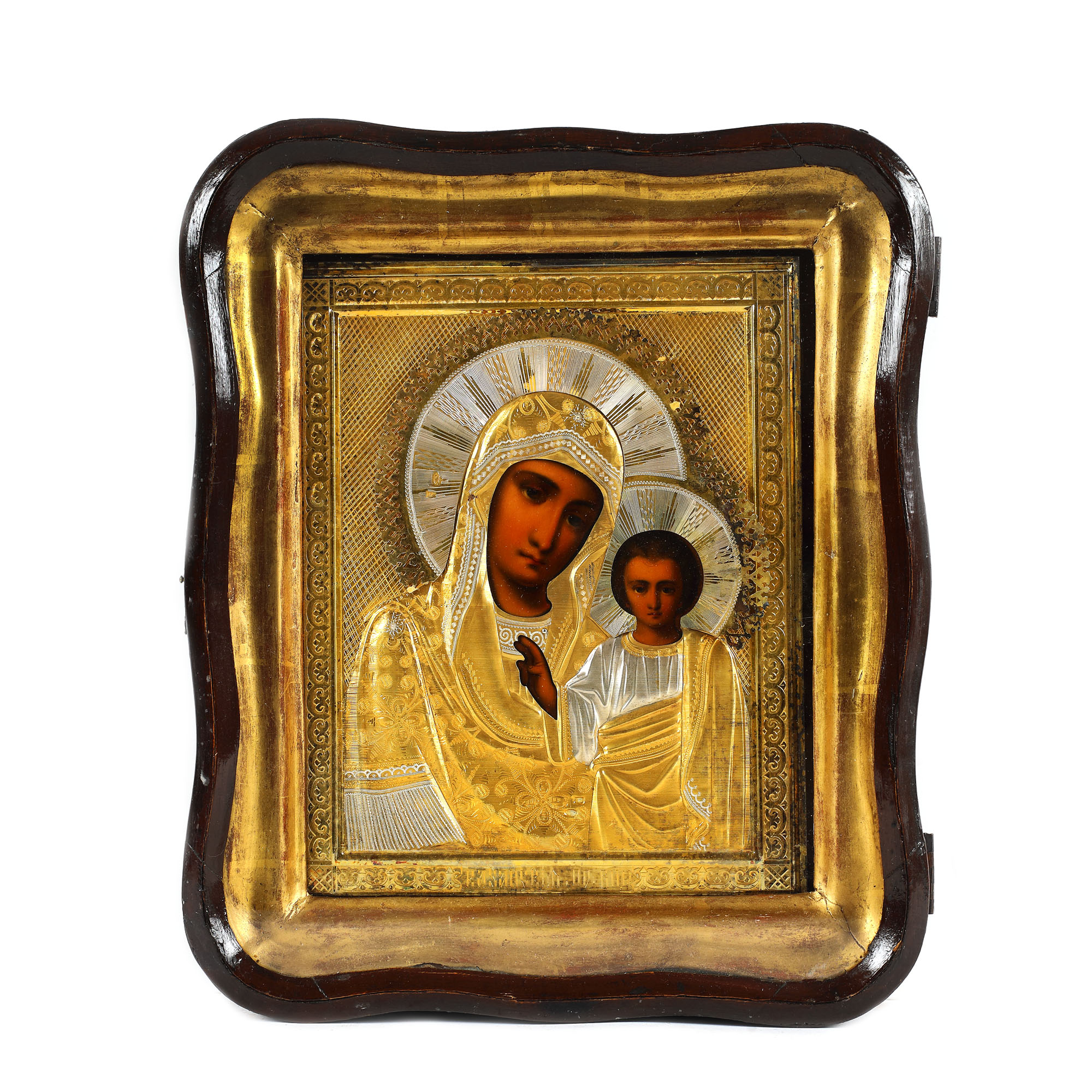  Icoană pe lemn, cu ferecătură din argint aurit, ”Maica Domnului cu Pruncul (Kazanskaia)”, școală rusească, sfârșitul sec. XIX