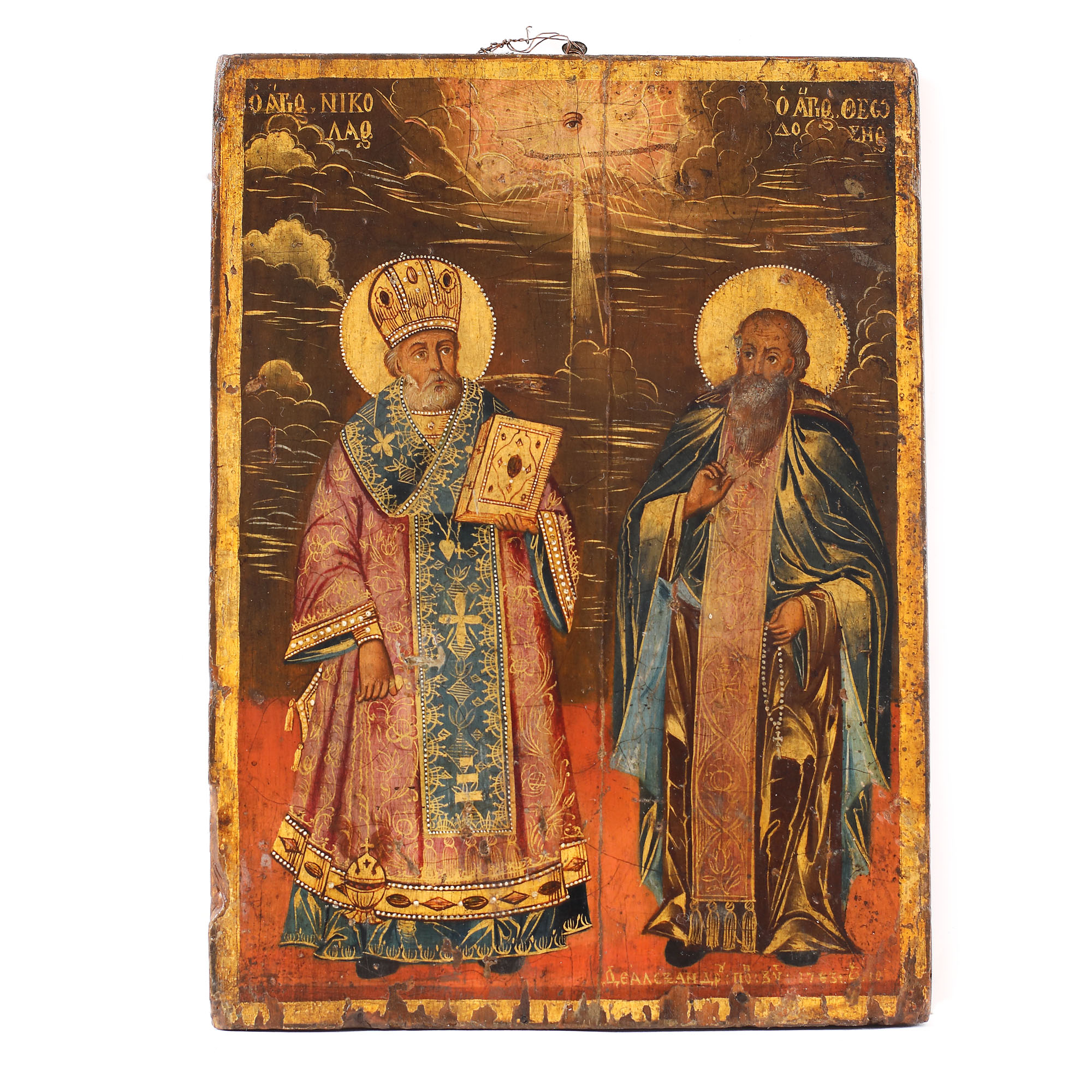 "Saint Nicholas and Saint Theodore", icon on wood, painter Alexandru Pop, the times of Nicolae Caragea, October 10, 1783, rarity, collector's item