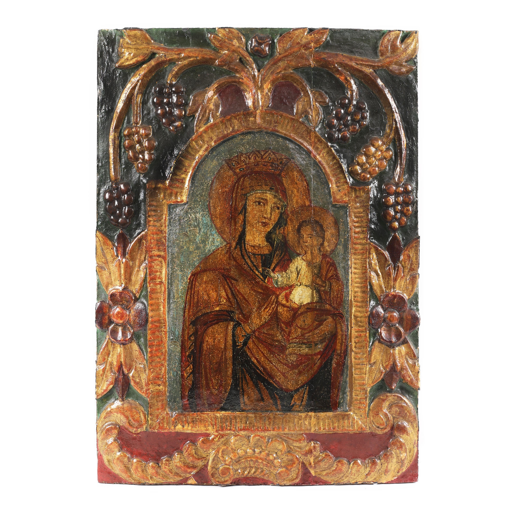 Icoană pe lemn, ”Maica Domnului cu Pruncul (Hodighitria), ramă sculptată, școală românească, a doua jumătate a sec. XIX