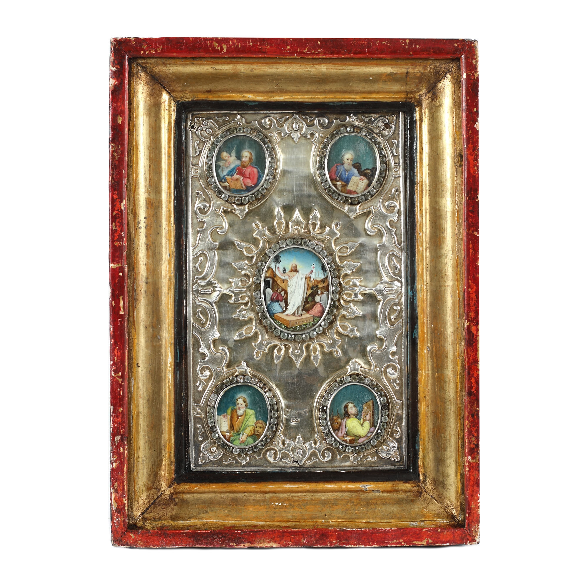 Ferecătură din argint, decorată cu scenele ”Învierea Domnului și Sfinții Apostoli Matei, Marcu, Luca și Ioan”, școală rusească, jumătatea sec. XIX