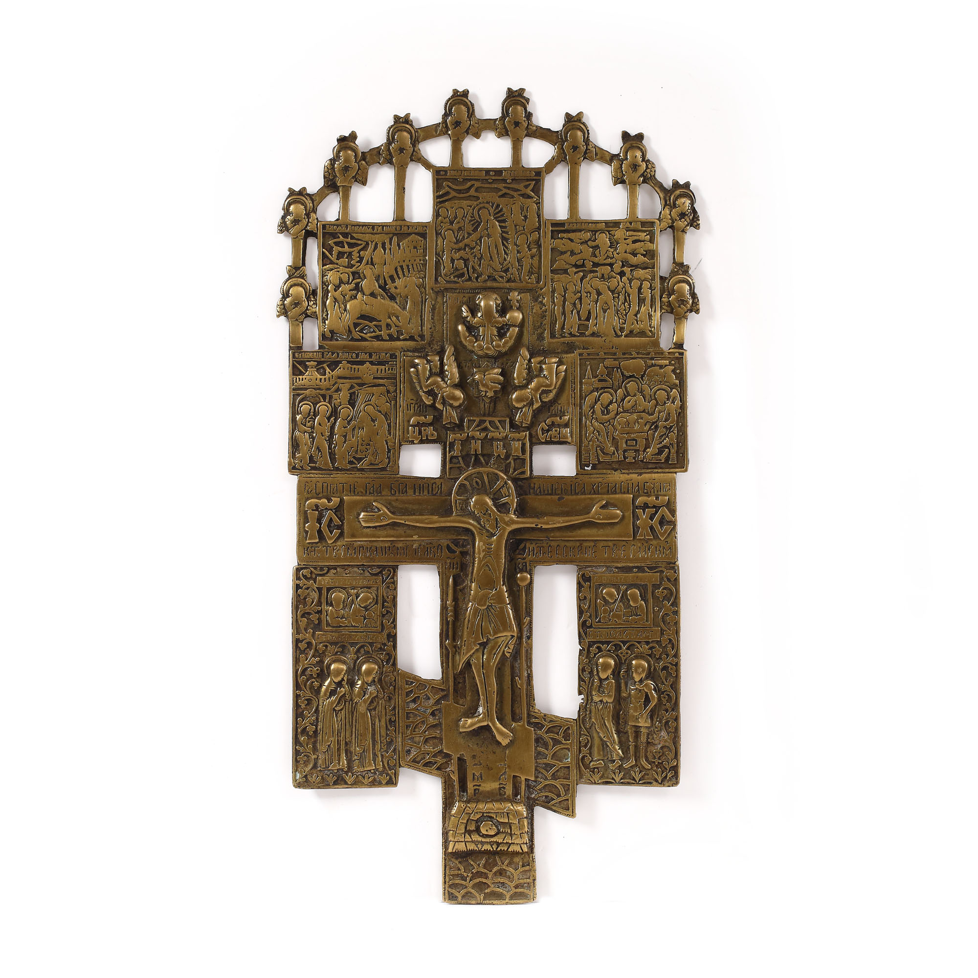 "Jesus Crucified", brass hand cross, Russian workshop, 19th century