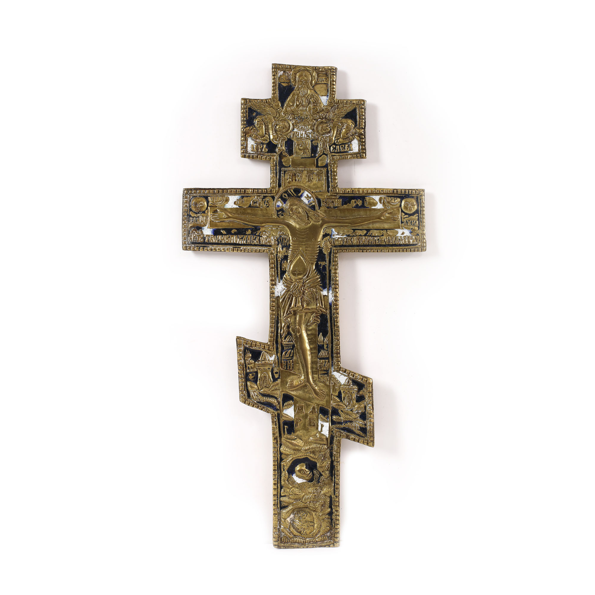 Cruce de mână din alamă, decorată cu email, "Iisus Răstignit", atelier rusesc, sec. XIX