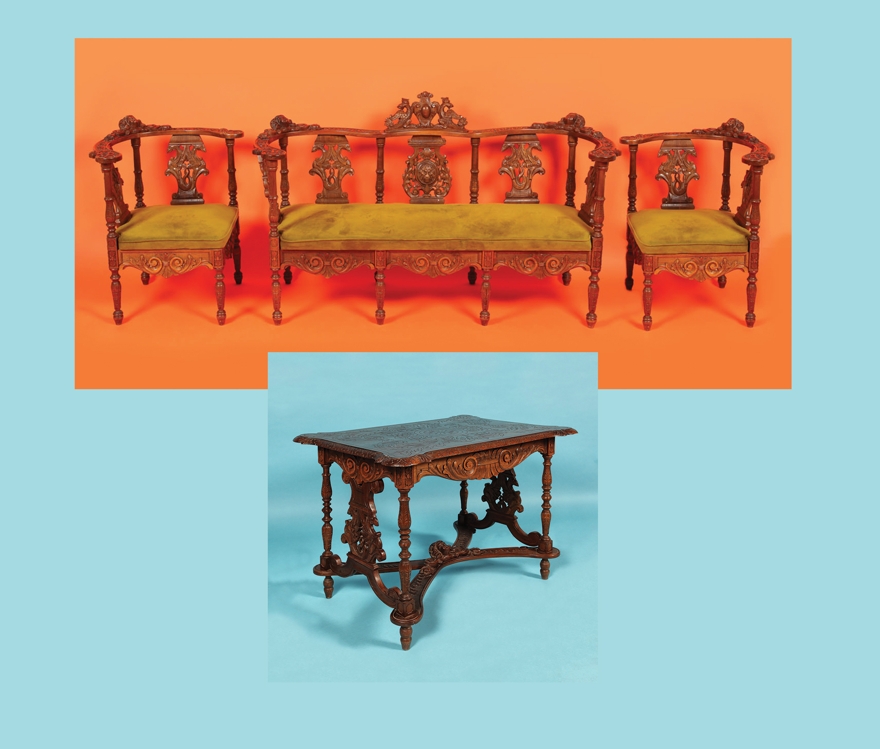 Neo-Renaissance dining room furniture set comprising a sofa, a pair of armchairs and a table