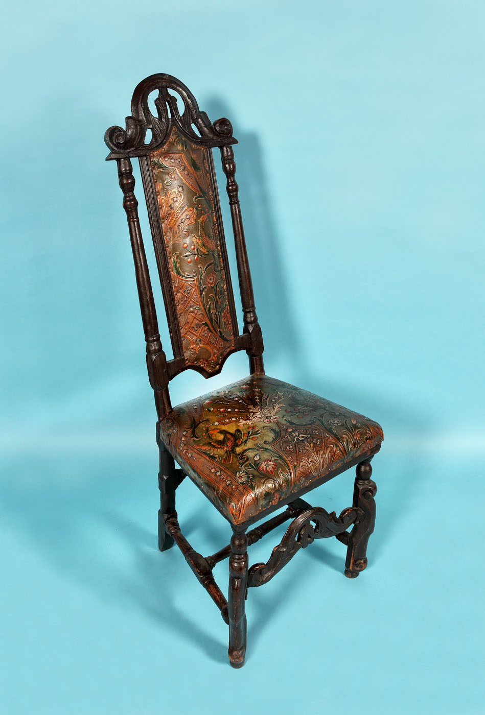 Baroque inspired chair, with painted and gilded leather