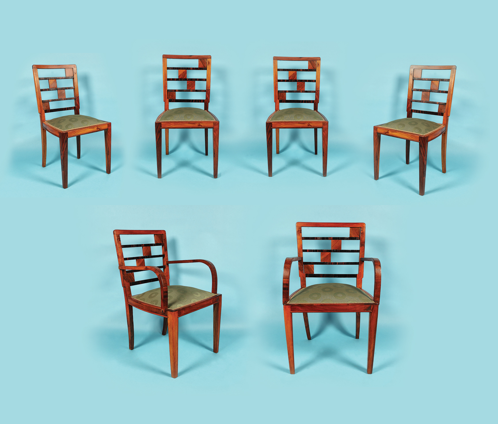 Dining room furniture set with Wiener Werkstätte inspired decorations, comprising 6 chairs and 2 armchairs