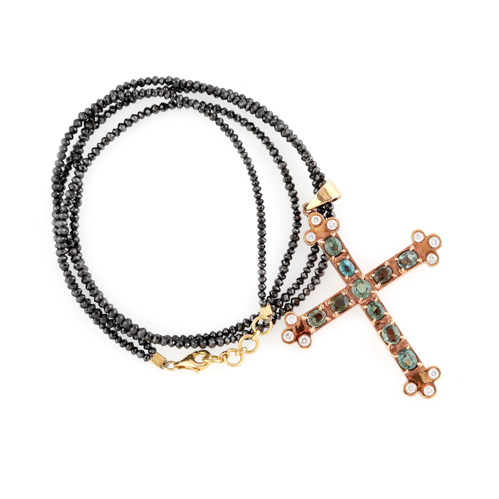Colier alcătuit din diamante negre beads, cu pandantiv-cruce din aur roz și diamante încrustate