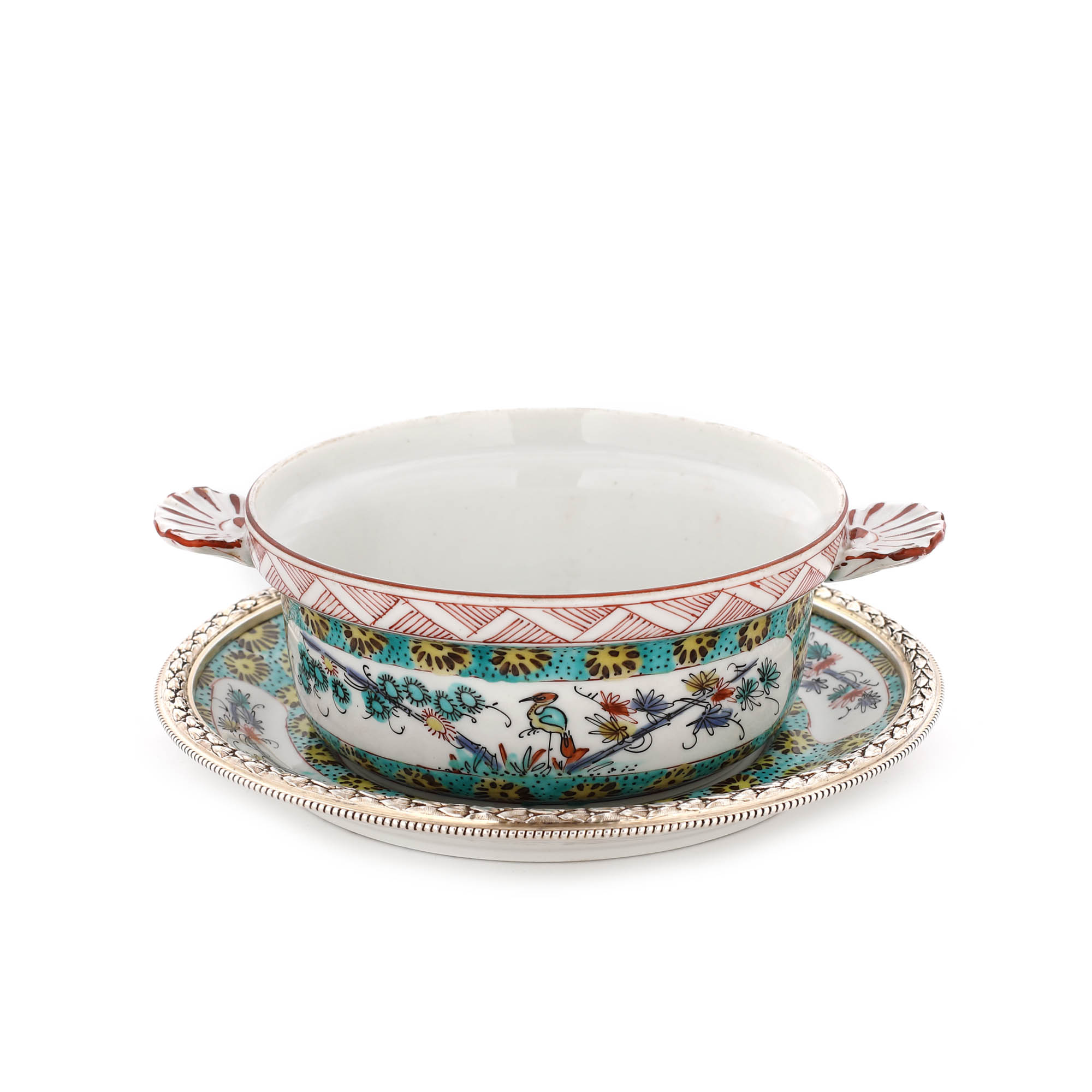 Set din porțelan Chantilly, alcătuit din bol și platou, cu decor japonizant, cca. 1880, piesă de colecție