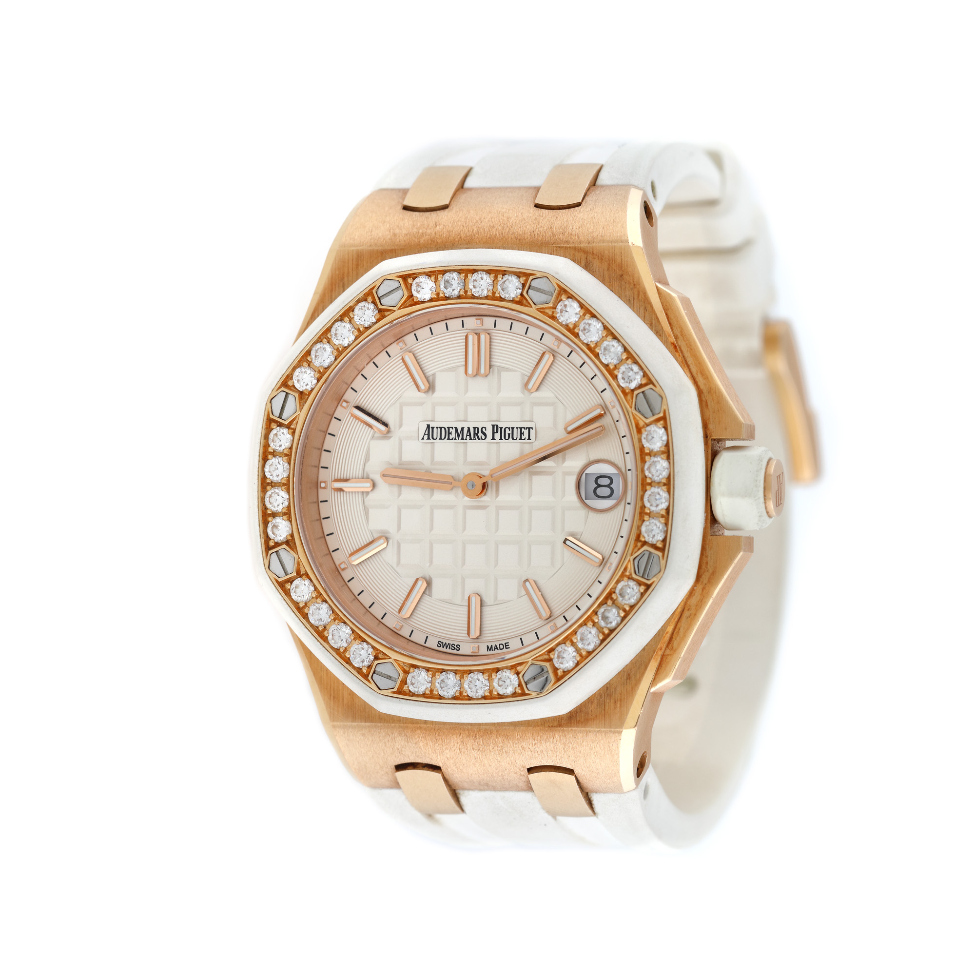 Ceas Audemars Piguet Royal Oak Offshore, din aur roz, cu bezelul pavat cu diamante, de mână, de damă, însoțit de acte de proveniență și cutie originală