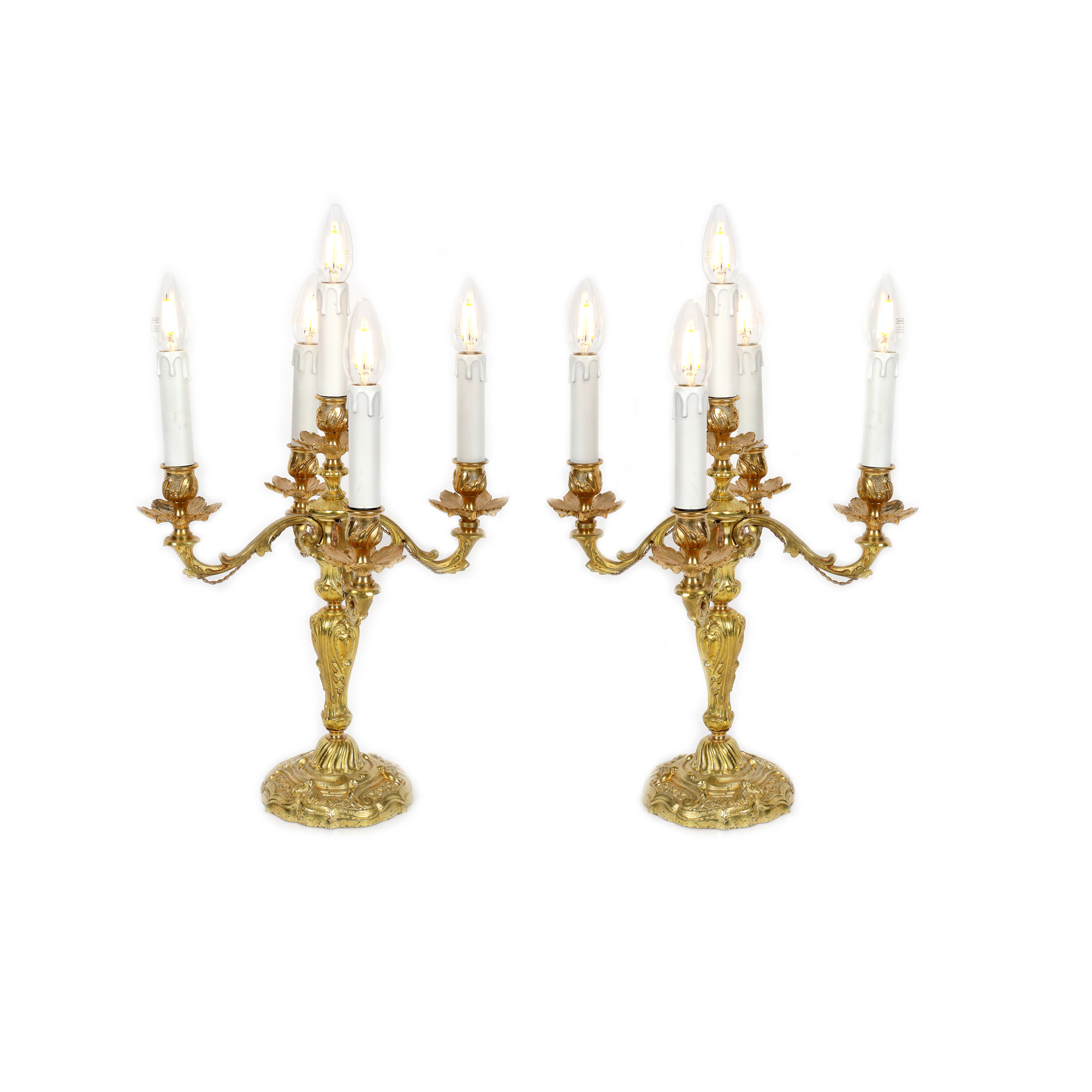 Pereche de candelabre Neo-Rococo, cu cinci brațe, din bronz aurit, începutul sec. XX