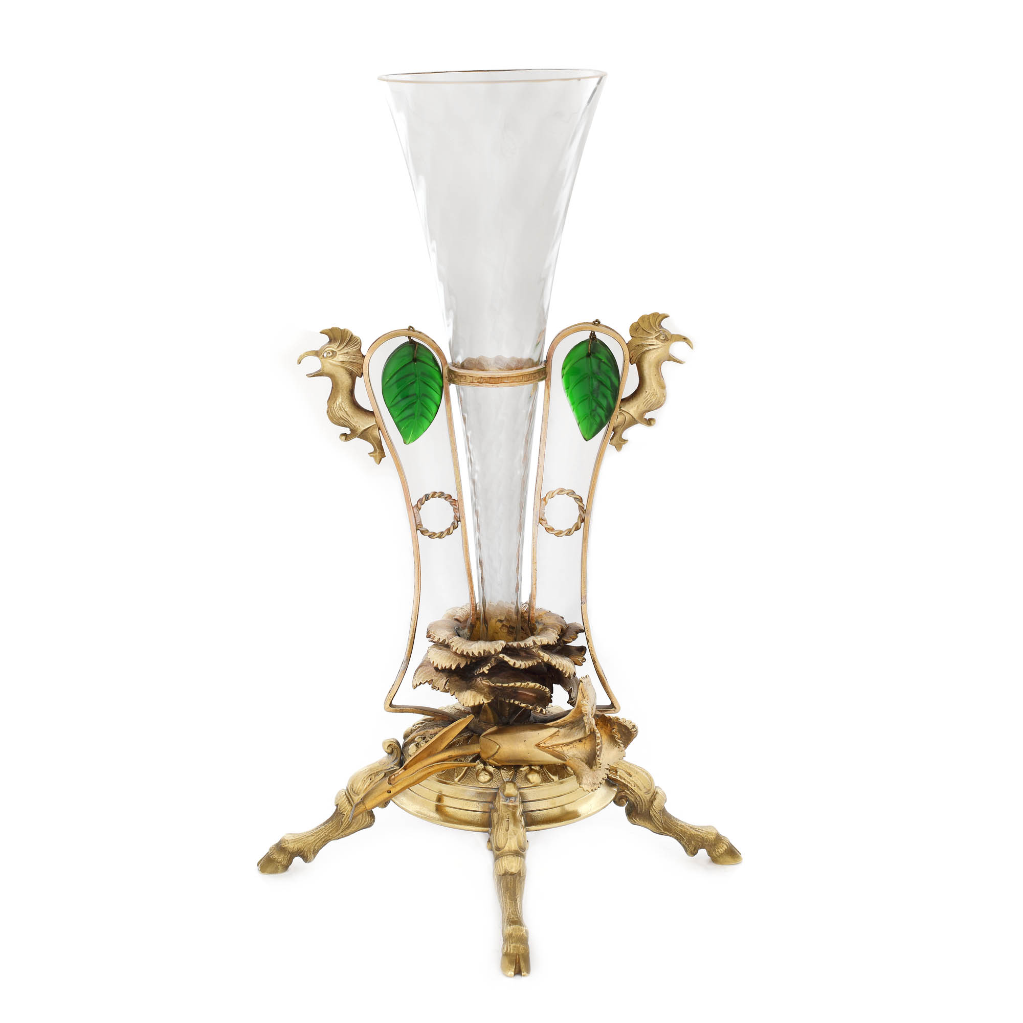 Solifloră J. & L. Lobmeyr, din bronz aurit și flute din cristal, decorată cu garoafe, tucani si elemente stilistice Neo-Clasice, gravată și cizelură manuală, mijlocul sec. XIX