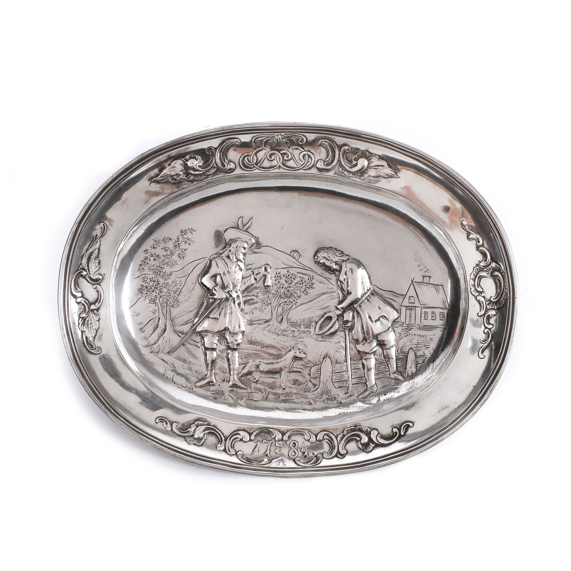 Rar platou Baroc tardiv, din argint, monogramat, decorat cu virtutea compasiunii, 1784, piesă de colecție