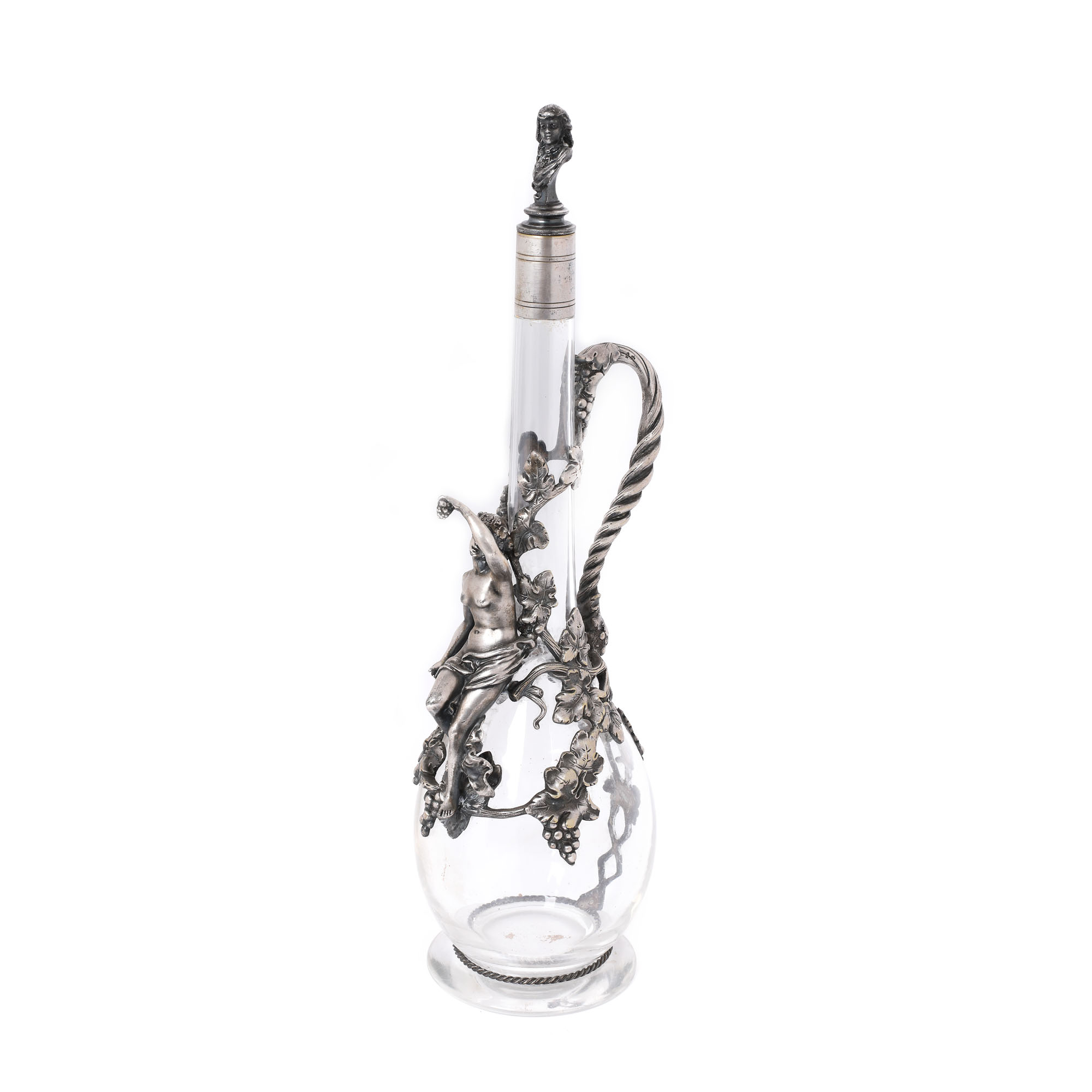 Decantor din cristal, pentru vin, decorată cu viță-de-vie și siluetă de bacantă, cca. 1900