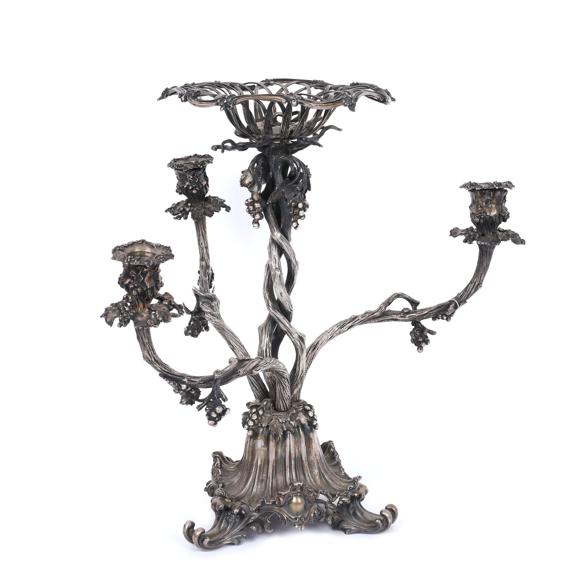 Table centrepiece, with three interchangeable arms, for candles, decorated with vines, approx. 1900