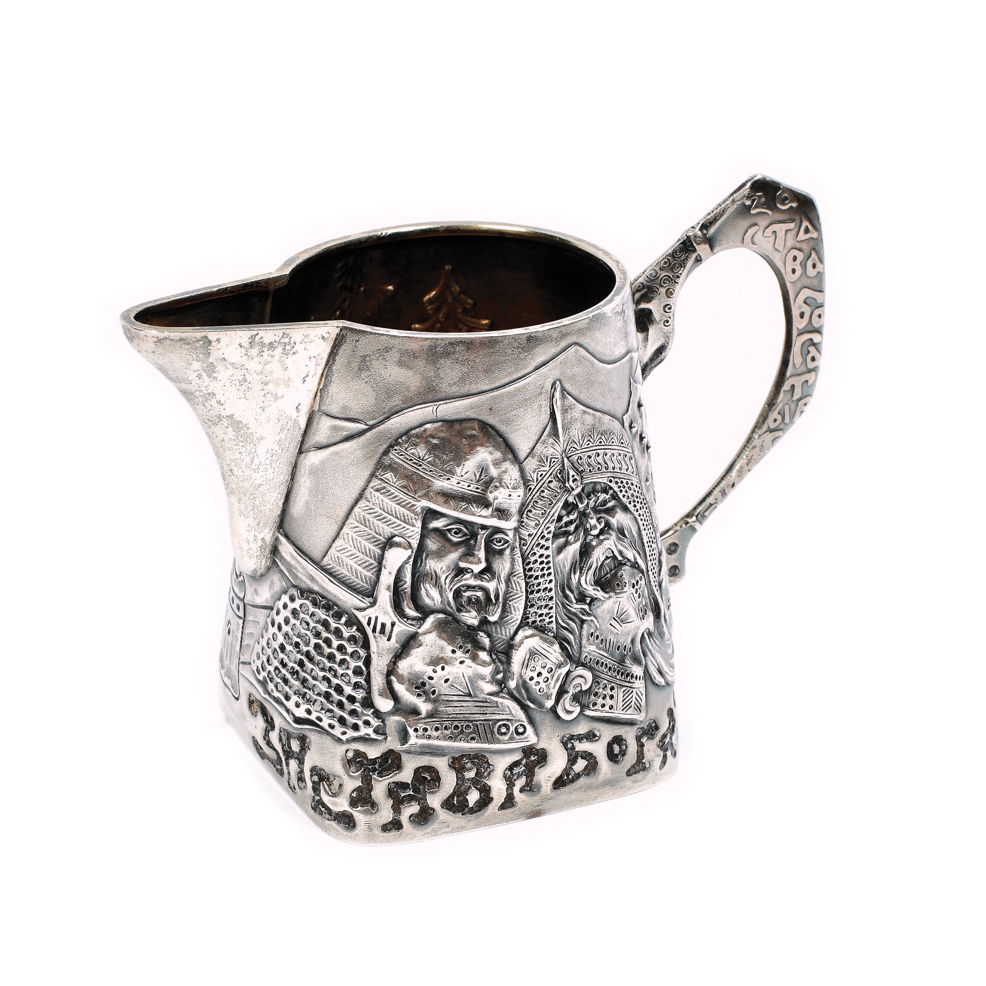 Letieră din argint Mihail Jakovlevich Tarasov, gravată cu chipuri de bogatyri, cca. 1908-1917