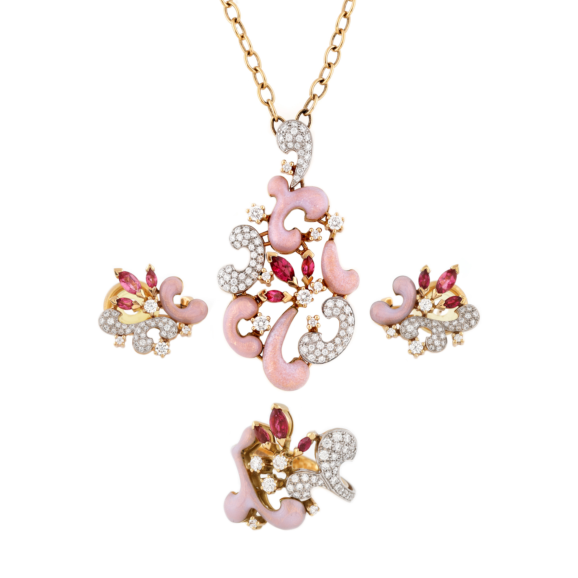 Set Fabergé din aur, format din colier cu pandantiv, pereche de cercei și inel, decorat cu diamante, granate și email, ediție limitată