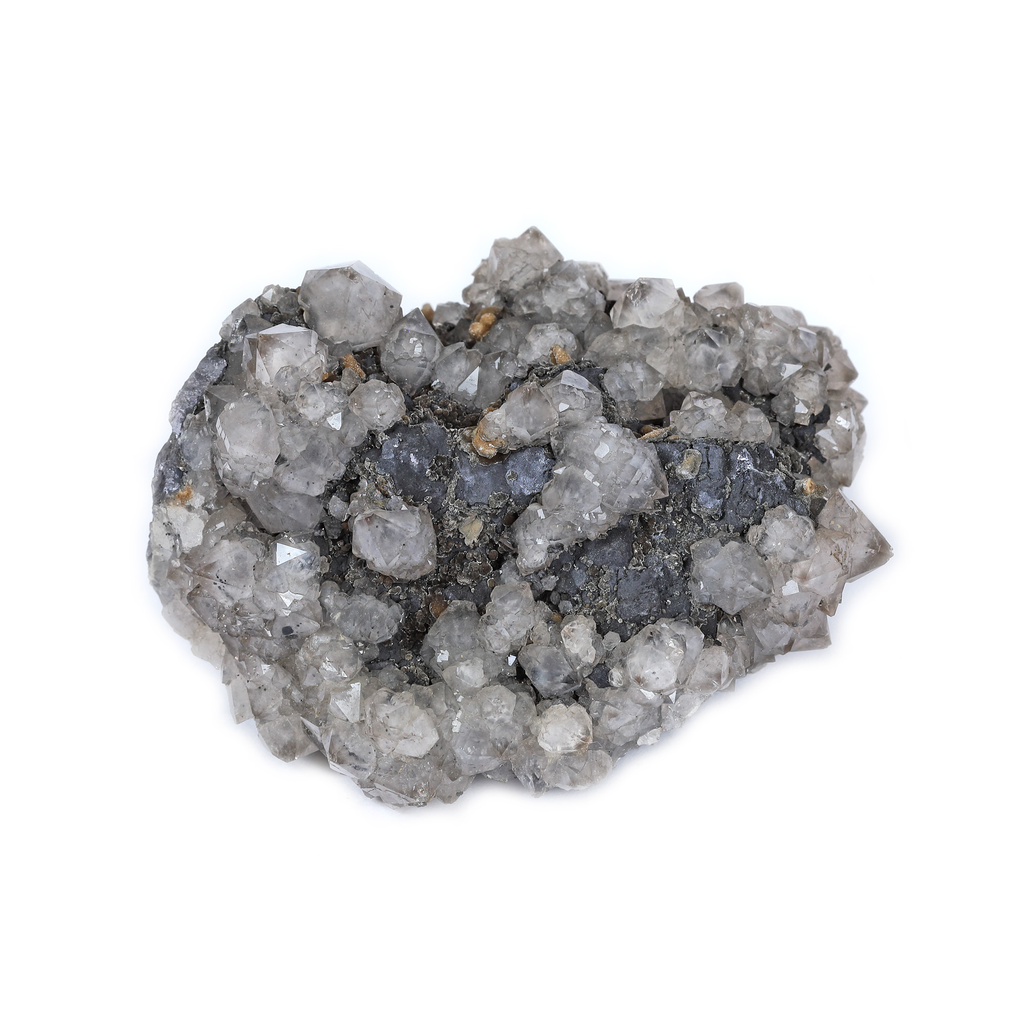 Cuarț dublu terminat, pe calcit negru cu incluziuni de minerale metalice, mina Herja