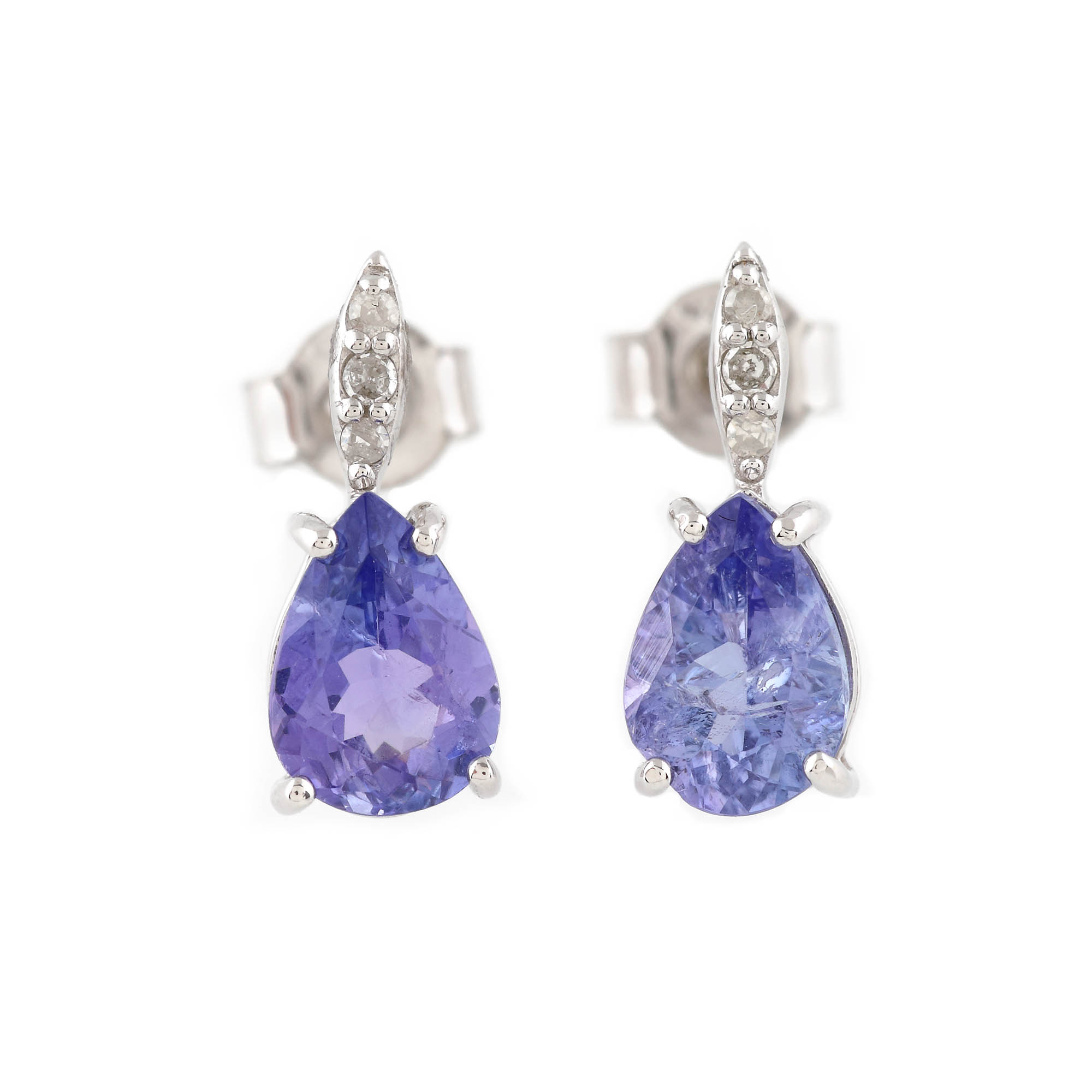 Pereche de cercei din aur alb, decorată cu tanzanite și diamante