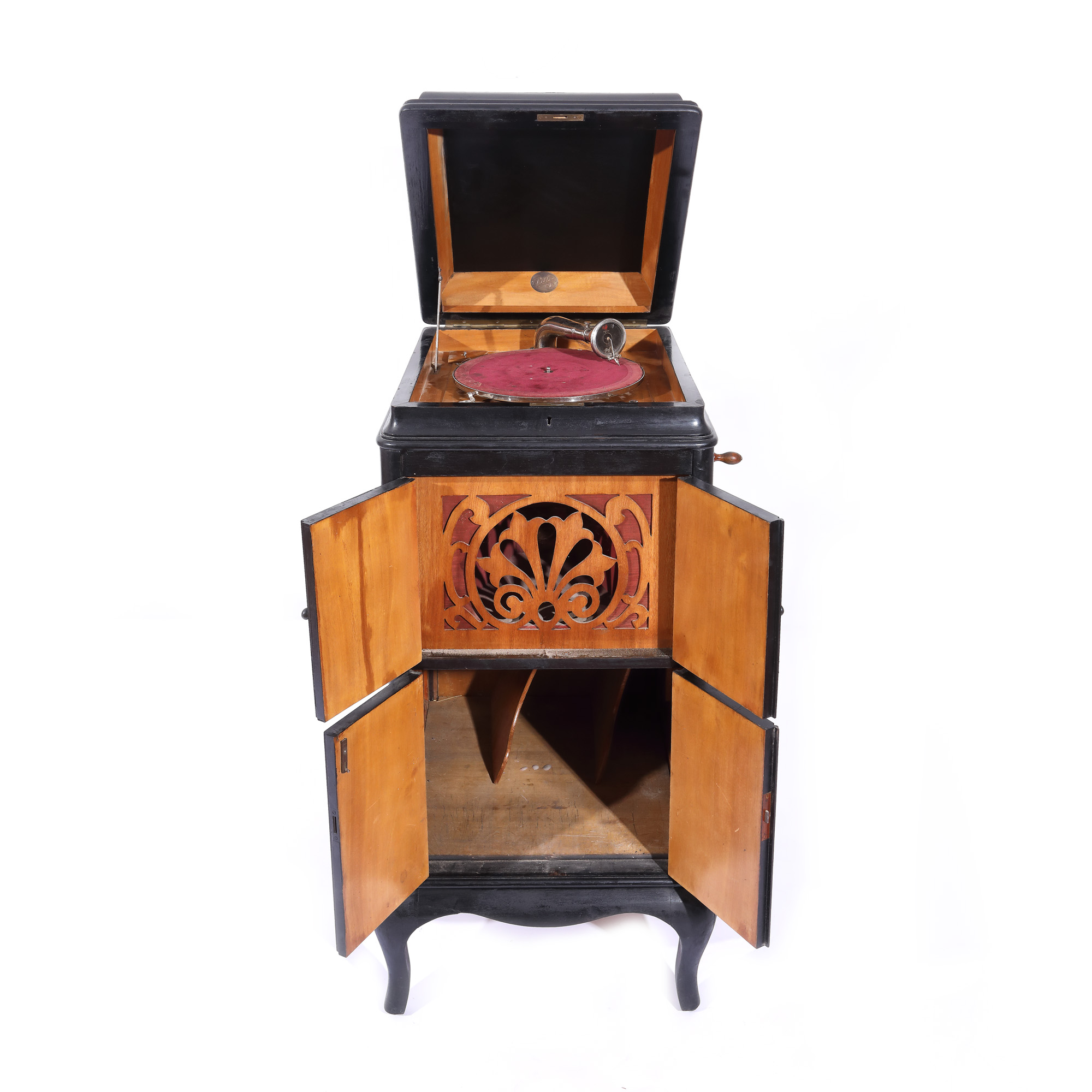 Gramofon Pathé, prevăzut cu servanta originală, inclusiv audiotecă pentru discuri, Franța, cca. 1920