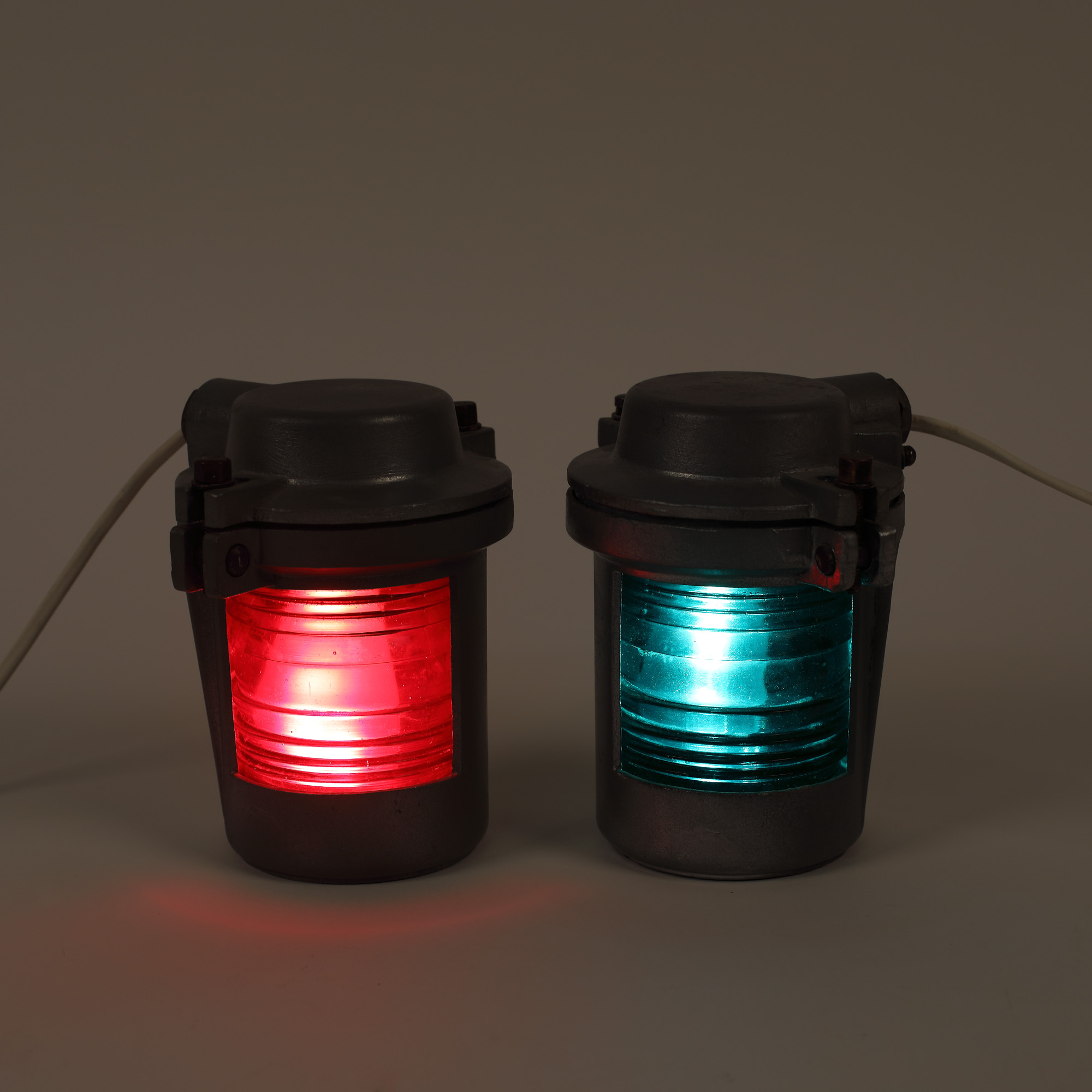 Pair of port and starboard lamps, for boat, red and green, mid-20th century