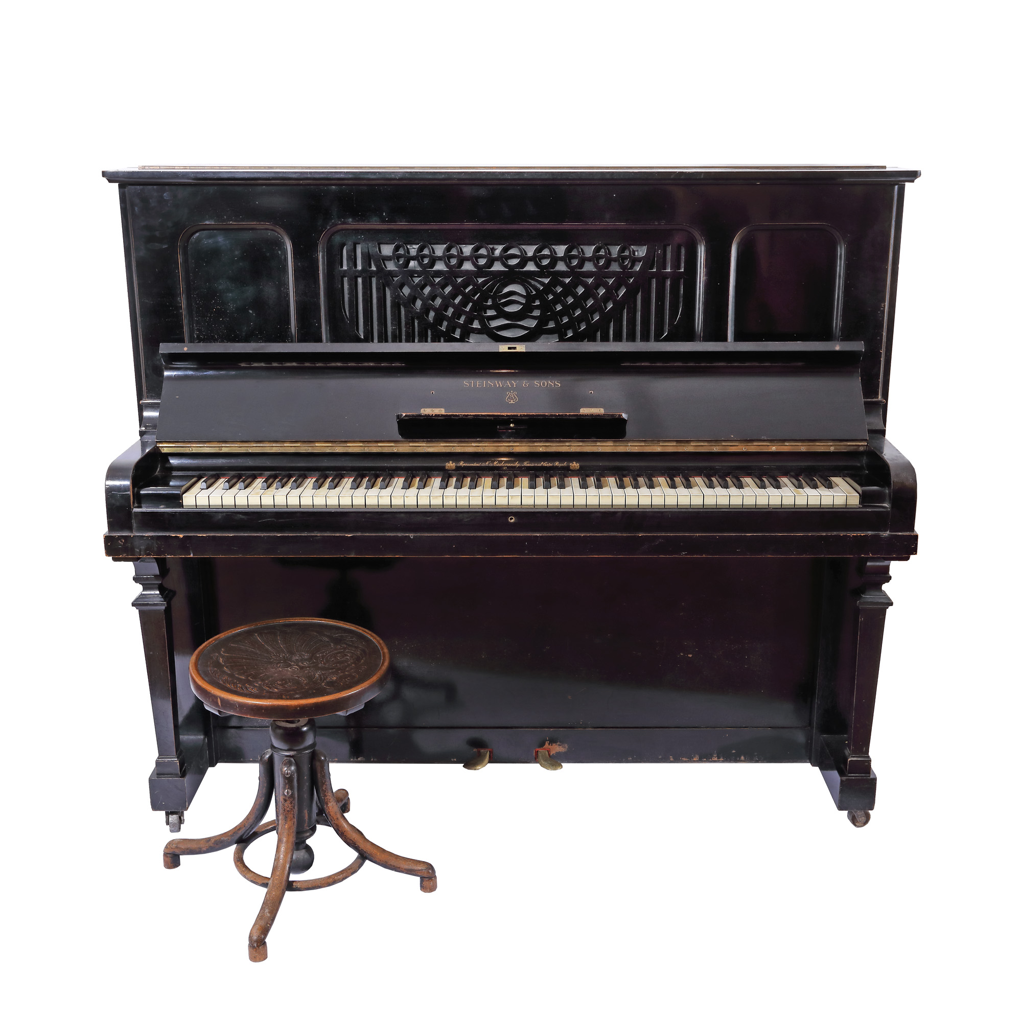 Steinway & Sons historical piece, Vertegrand upright piano, interwar store brand Nathan Mischonzniki, Supplier of the Royal Court, decorated with menorah, Hamburg, approx. 1930, accompanied by a piano chair, Transylvanian Thonet style, Vienna-PÃ¢ncota workshop, ergonomic, decorated by embossing, early 20th century