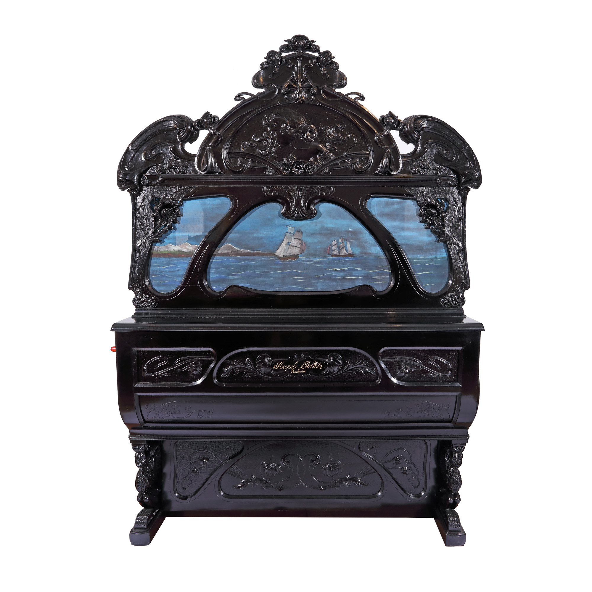 Impresionantă cutie muzicală Art Nouveau, tip orgă cu butoi, Screpel-Pollet, Roubaix, Franța, cca. 1900