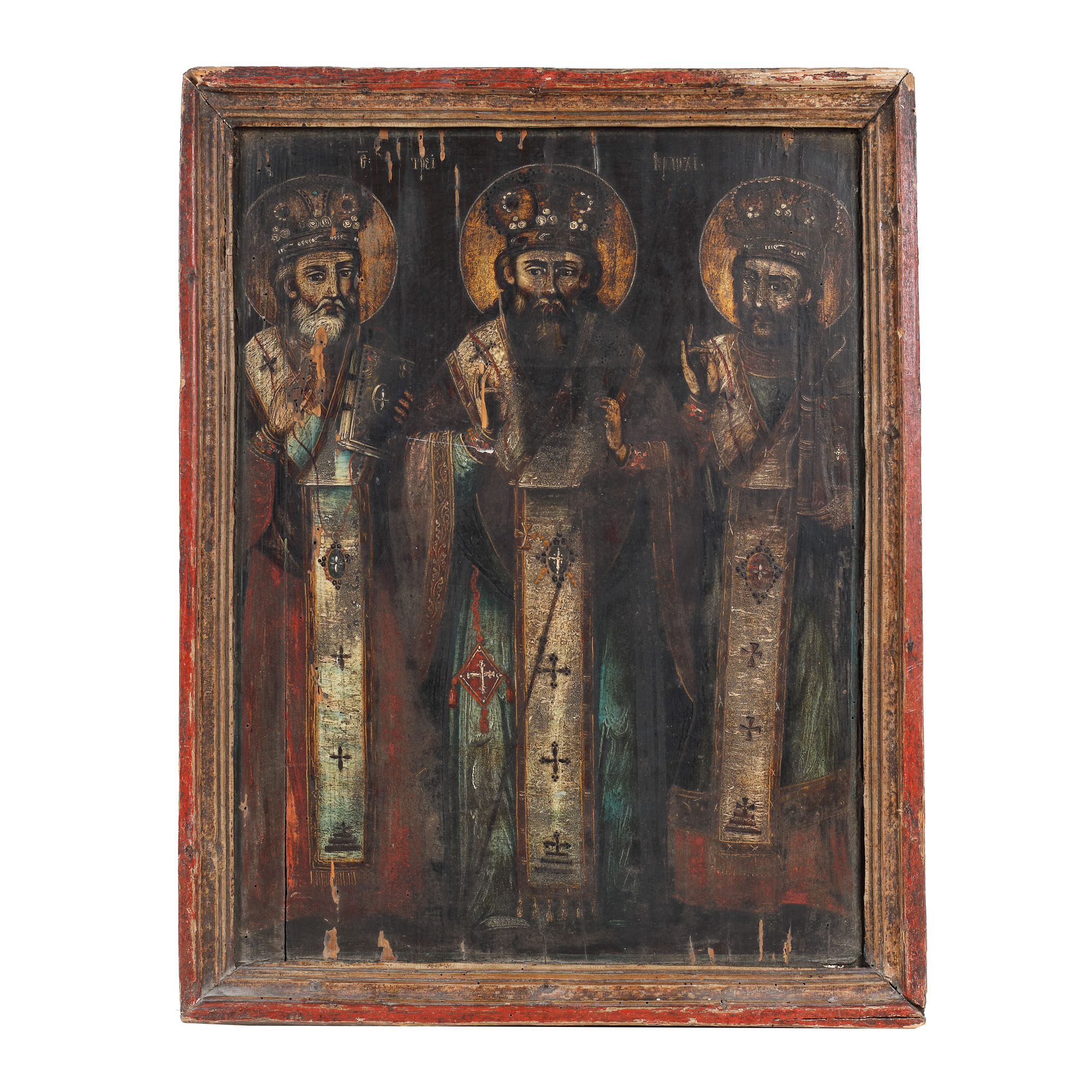 "The Holy Three Hierarchs", royal icon on wood, Wallachia, Romanian school, early 19th century