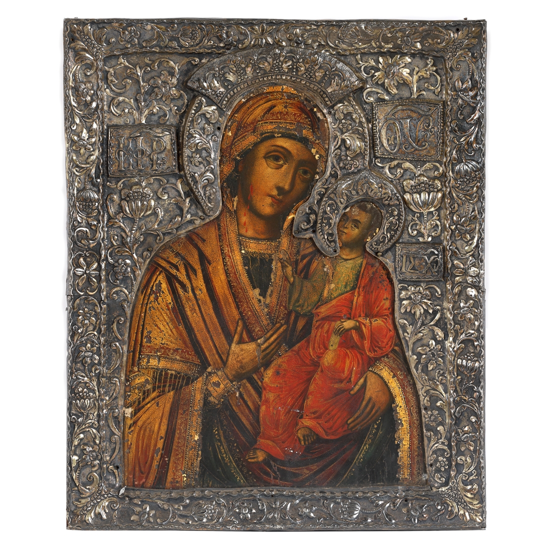 Icoană pe lemn cu ferecătură din argint, ”Maica Domnului cu Pruncul (Hodighitria)”, școală grecească, sfârșitul sec. XVIII, piesă rară, de colecție