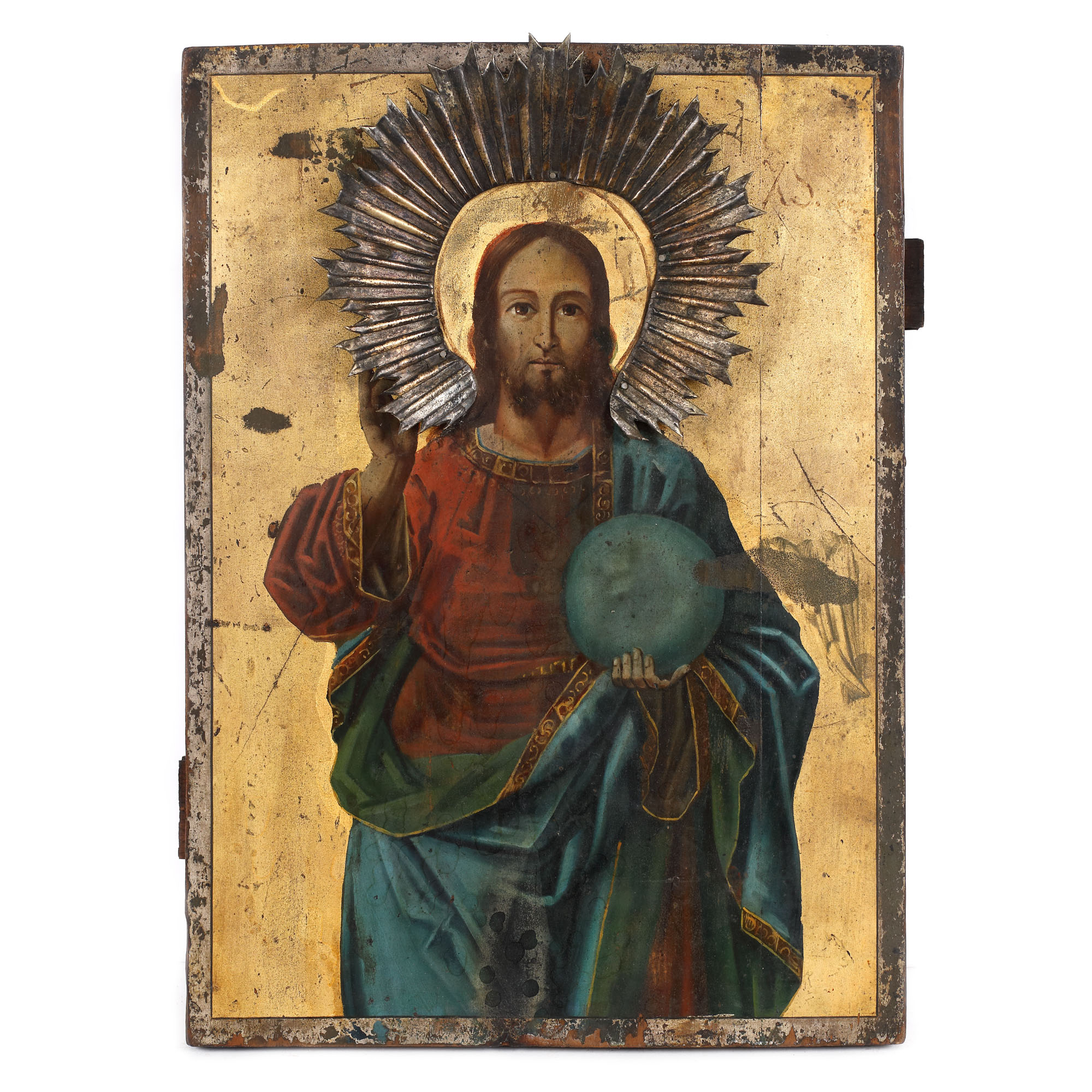 Icoană pe lemn cu riză din argint, ”Iisus Pantocrator”, școală rusească, jumătatea sec. XIX