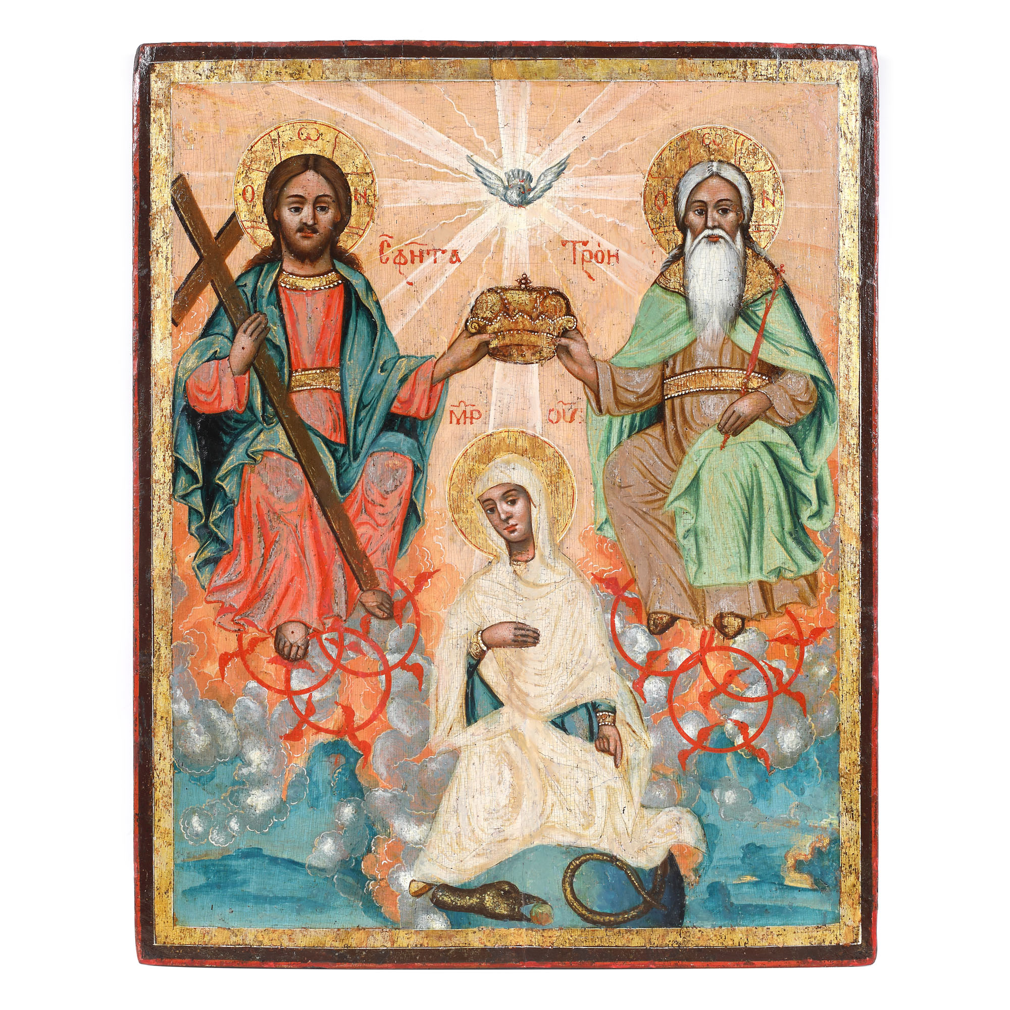 Icoană pe lemn, ”Încoronarea Maicii Domnului (Sfânta Troiță)”, școală românească, prima jumătate a sec. XIX, de colecție