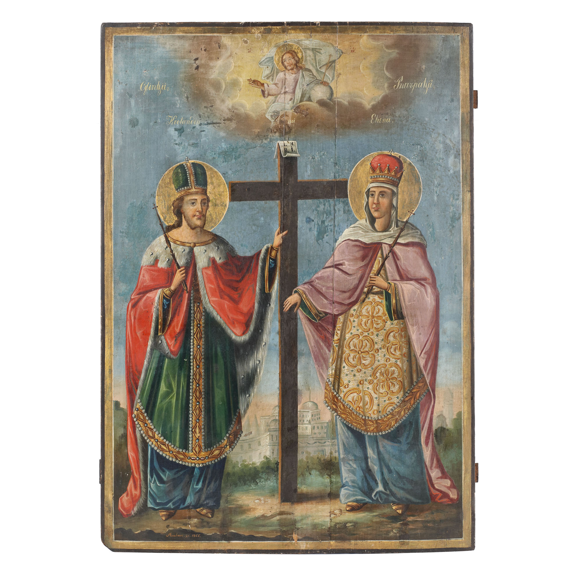 Icoană pe lemn, ”Sfinții Împărați Constantin și Elena”, zugrav Mihalache, 1855