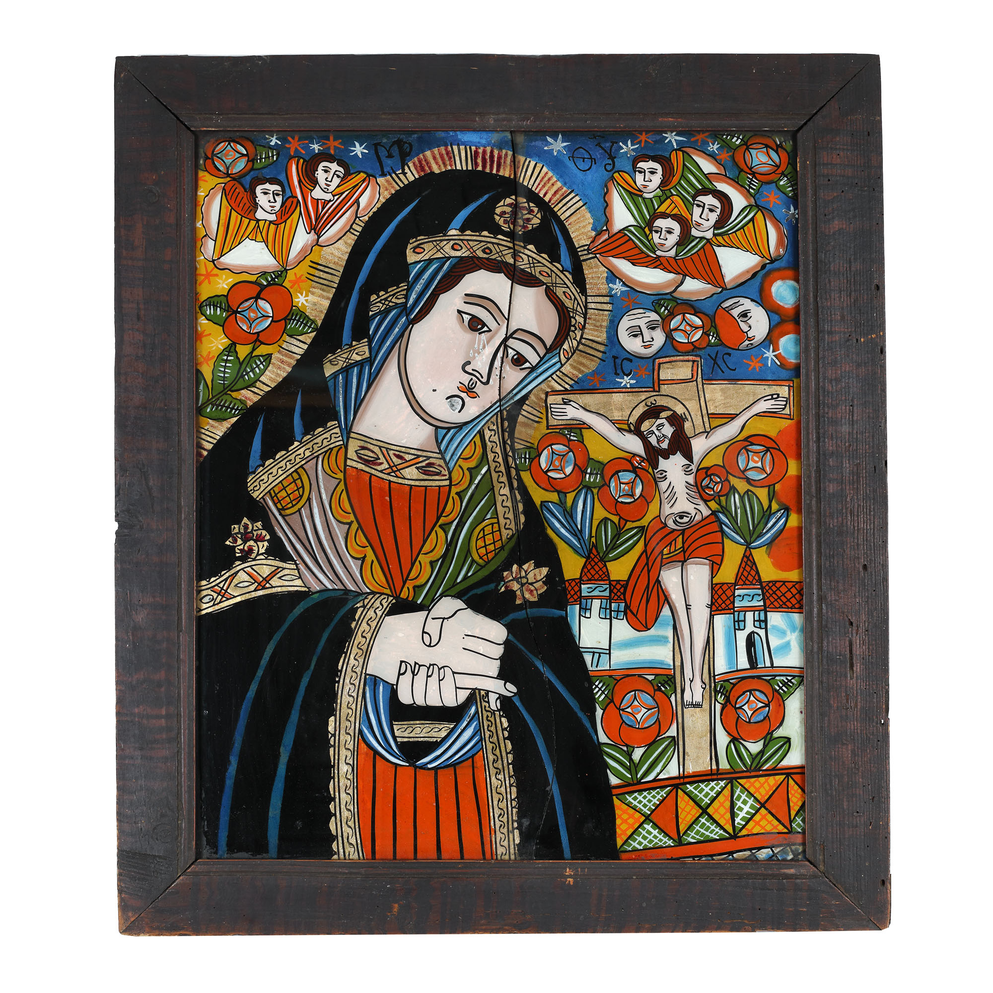  Icoană pe glajă, ”Maica Domnului Îndurerată”, atelier din Șcheii Brașovului, sfârșitul sec. XIX