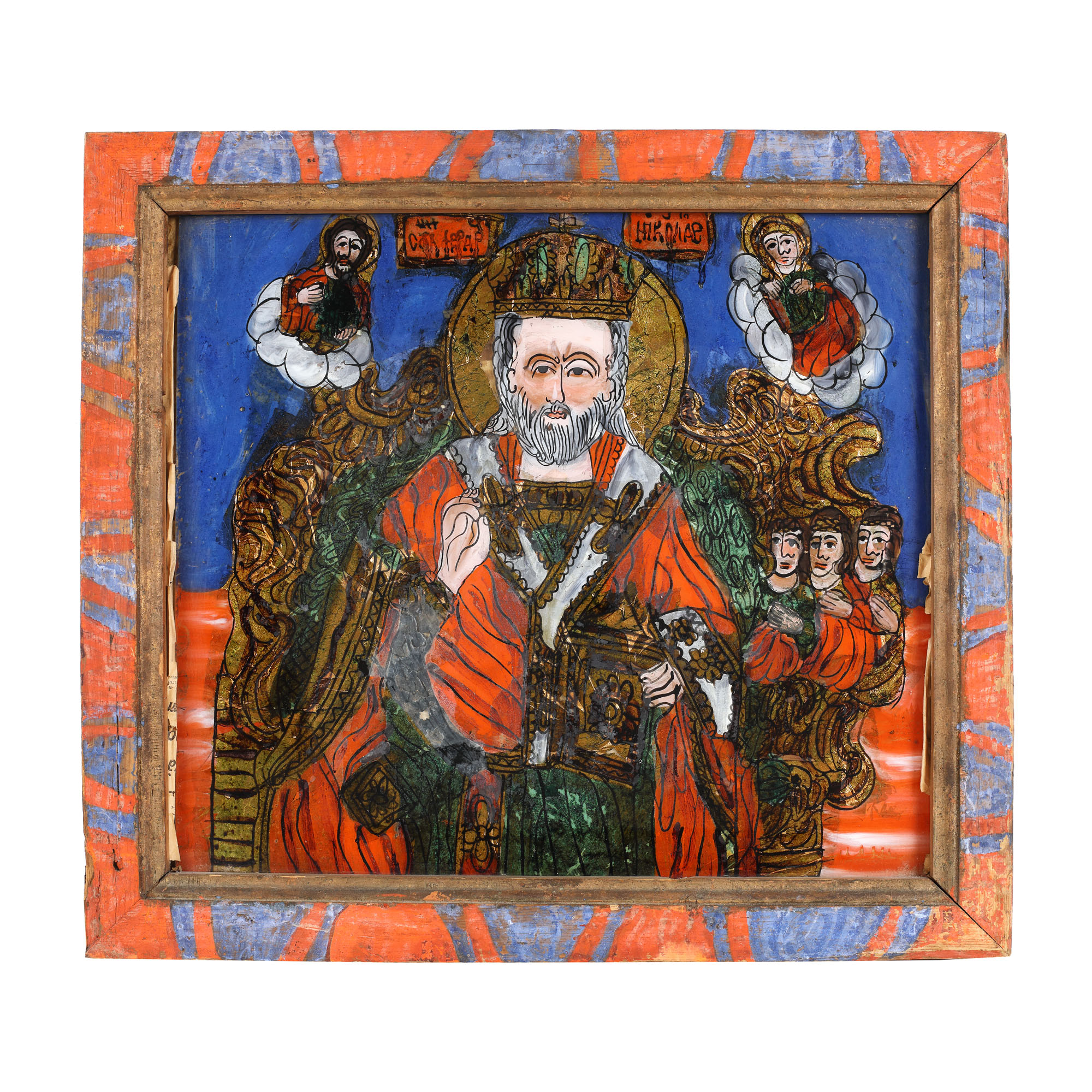 Icoană pe glajă, ”Sfântul Nicolae făcătorul de minuni, tronând”, ramă pictată, atribuit zugrav Elena sau Elisabeta Morar, Săliștea, Sibiu, ultimele decenii ale sec. XIX