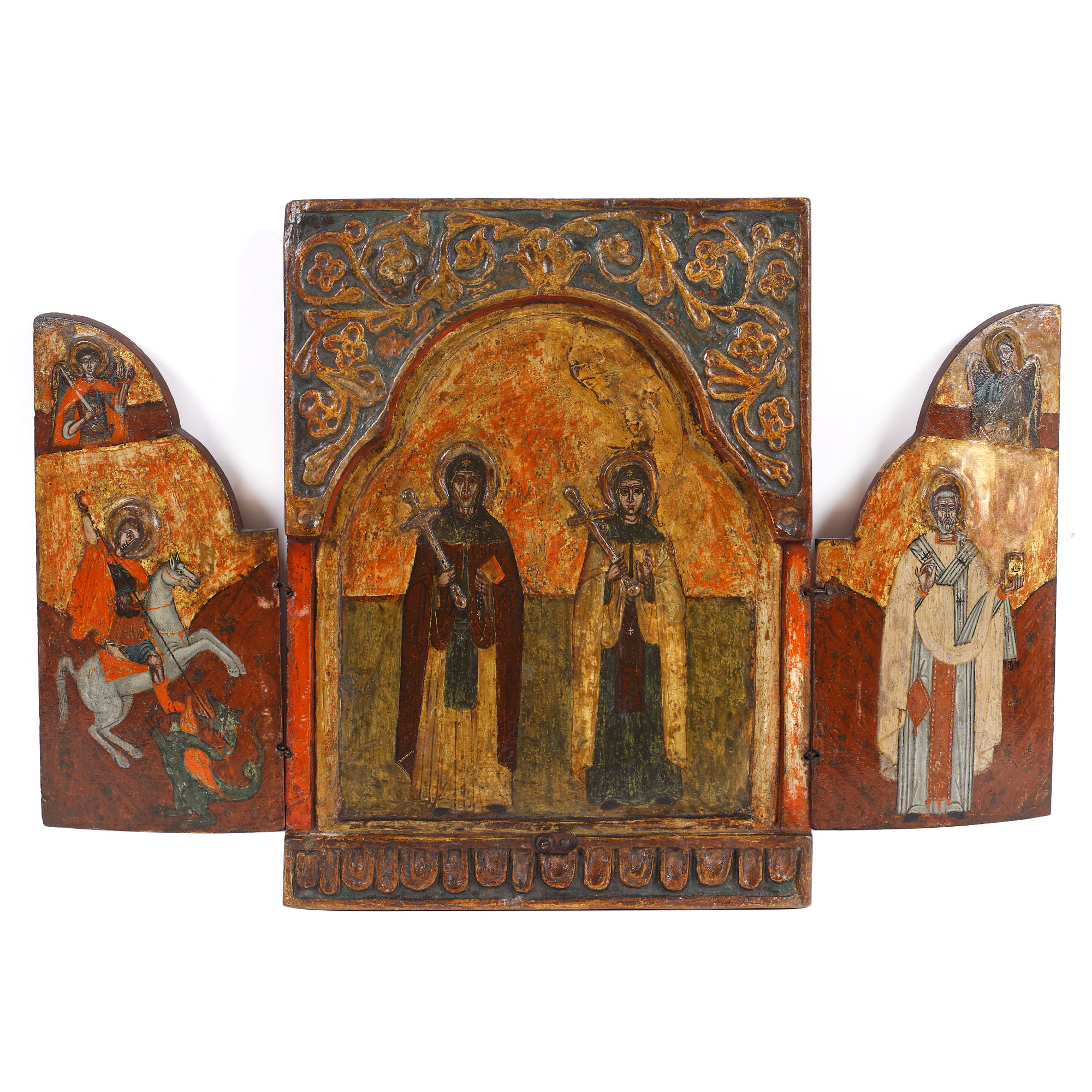 Triptic, "Sfântul Arhanghel Mihail, Sfântul Gheorghe omorând balaurul, două sfinte mucenițe, Sfântul Ioan Botezătorul - Îngerul deșertului și probabil Sfântul Atanasie”, școală grecească, prima jumătate a sec. XVII
