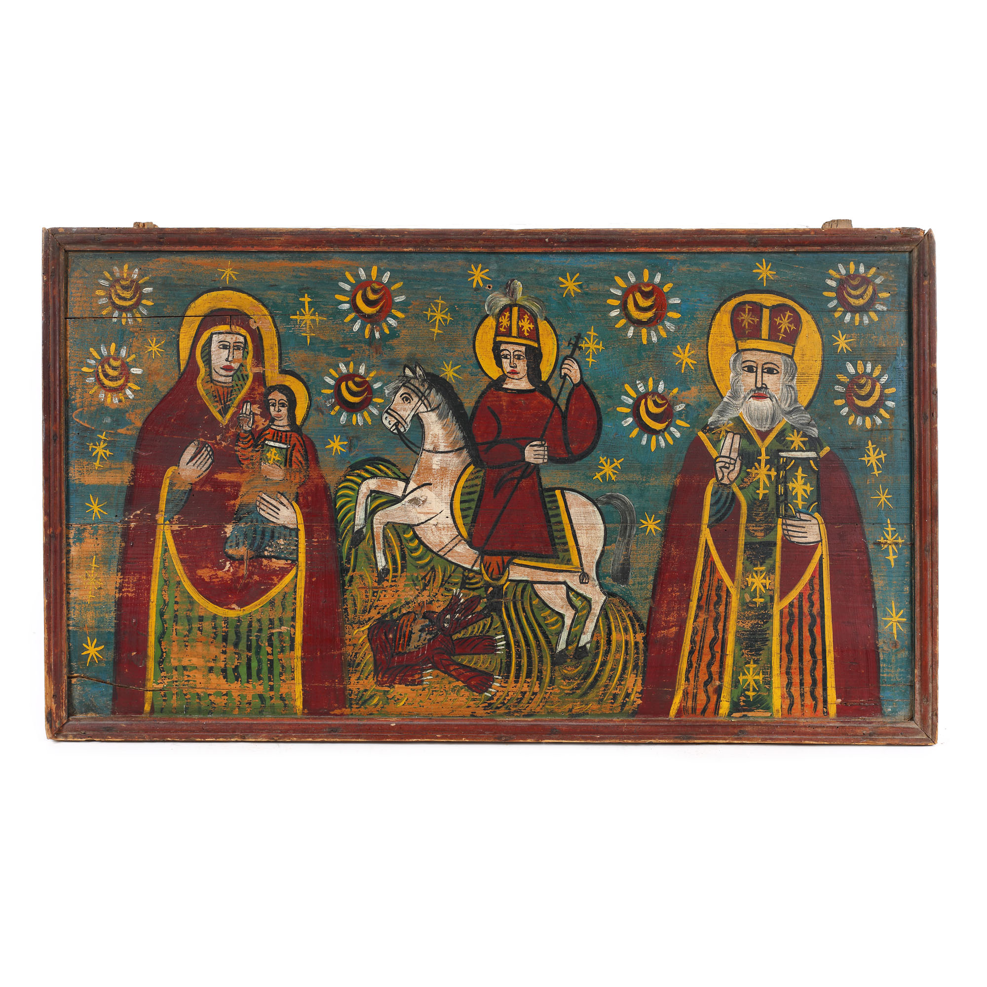 Icoană pe lemn, ”Maica Domnului cu Pruncul, Sfântul Gheorghe ucigând balaurul și Sfântul Nicolae”, școală moldovenească, sec. XIX