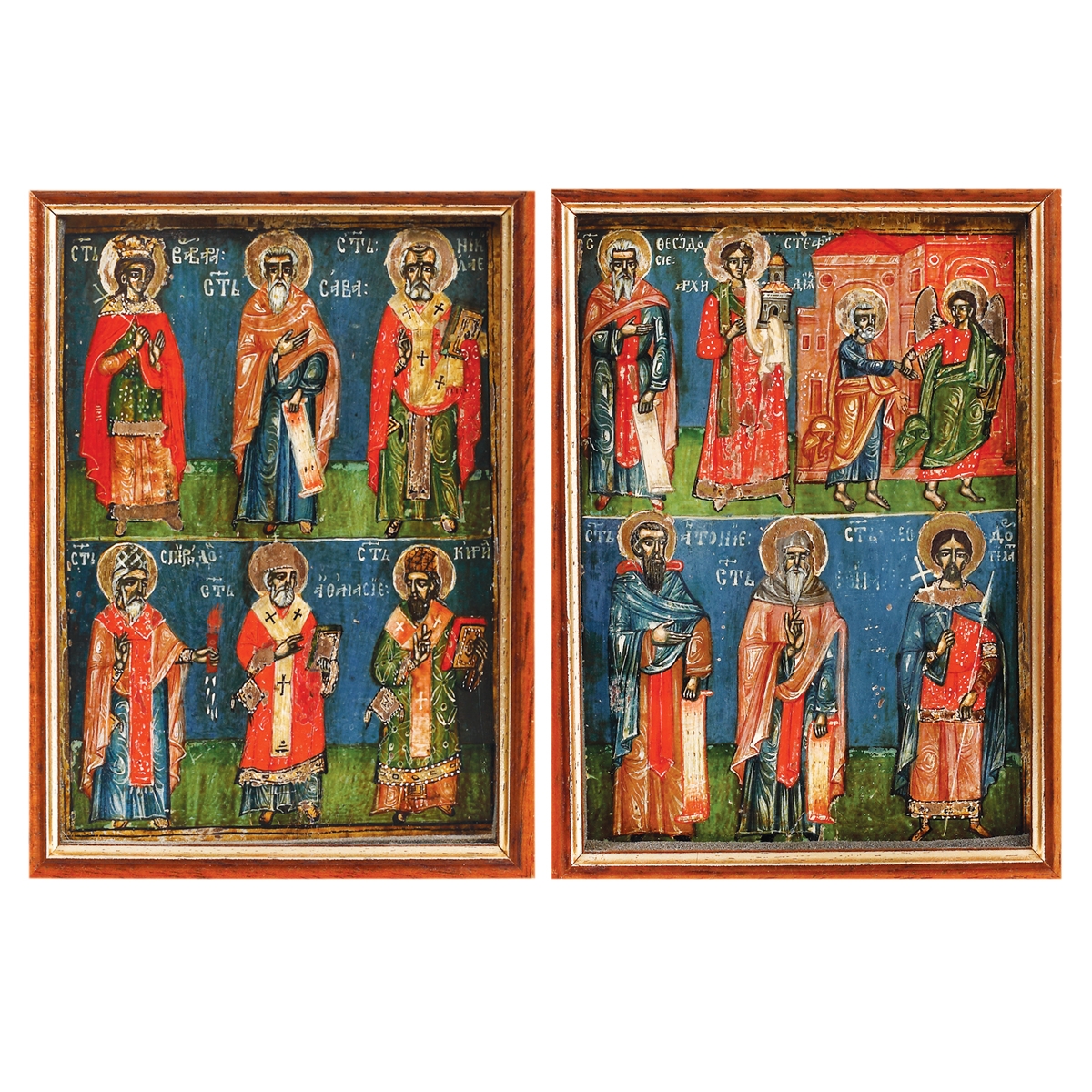 "Saint Theodosius, Saint Stephen, Saint Antonie And Two Saints" and "Saint Varvara, Saint Sava, Saint Nicholas, Saint Spiridon, Saint Atanasie and Saint Chiril", double holiday icon, post-Brâncovenesc school, second half of the 18th century