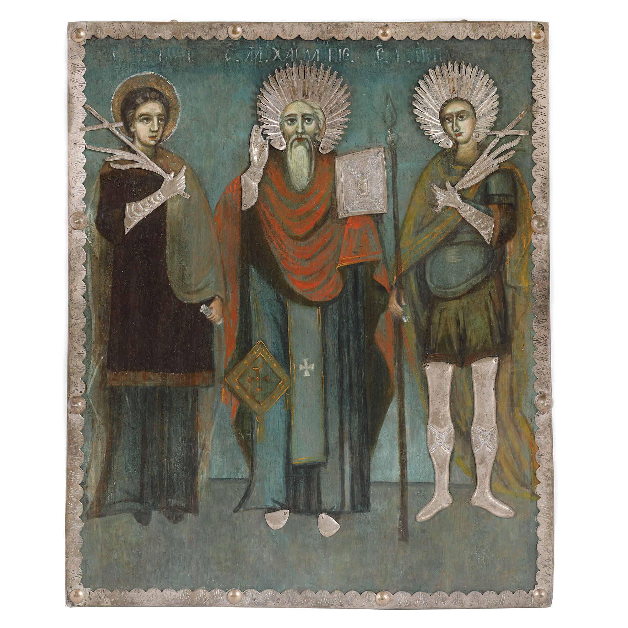 "Saint Mina, Saint Haralambie And A Holy Military Martyr", icon on wood, with silver wrinkle, Romanian school, early 19th century