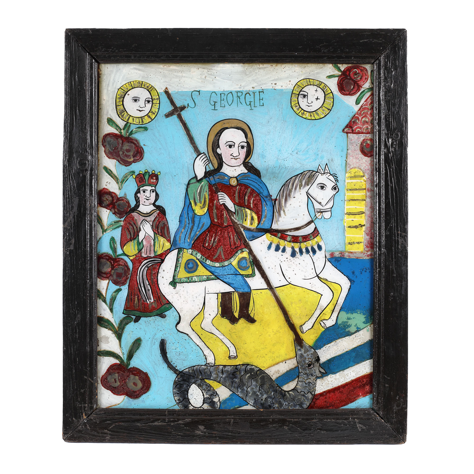 Icoană pe glajă, "Sfântul Gheorghe omorând balaurul", atelier din Gherla, începutul sec. XX, piesă patriotică rară, de colecție