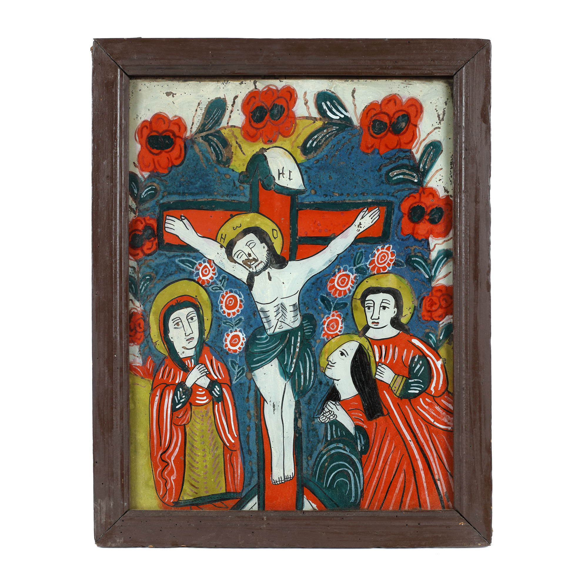 Icoană pe glajă, ”Răstignirea Domnului, Maica Domnului, Sfântul Ioan și Maria Magdalena”, atelier din Nicula, jumătatea sec. XIX, piesă foarte rară, de colecție