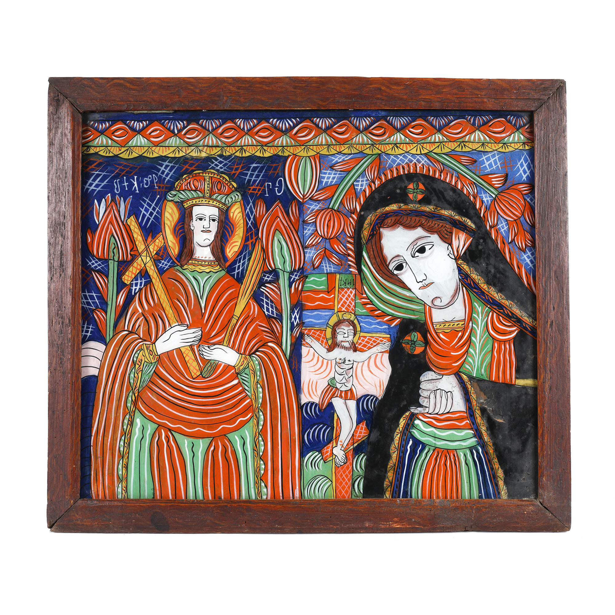 "Saint Paraschiva and Bereaved Virgin Mary", two panel icon on glass, attributed to painter Petru Tămaș-the Son, Făgăraș, late 19th century