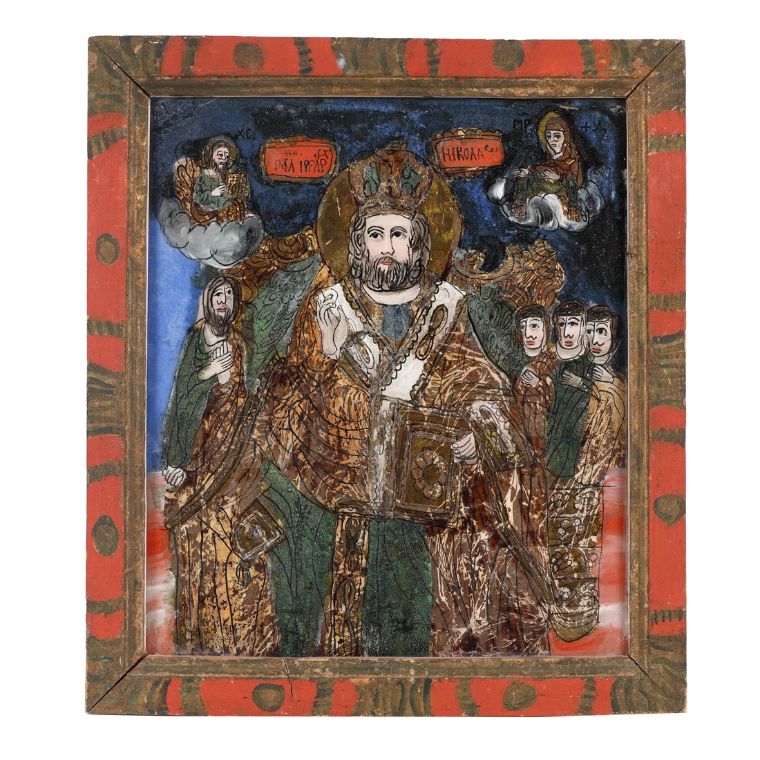 Icoană pe glajă, ”Sfântul Nicolae”, ramă pictată, atribuit zugrav Ion Morar, Săliștea, Sibiu, a doua jumătate a sec. XIX