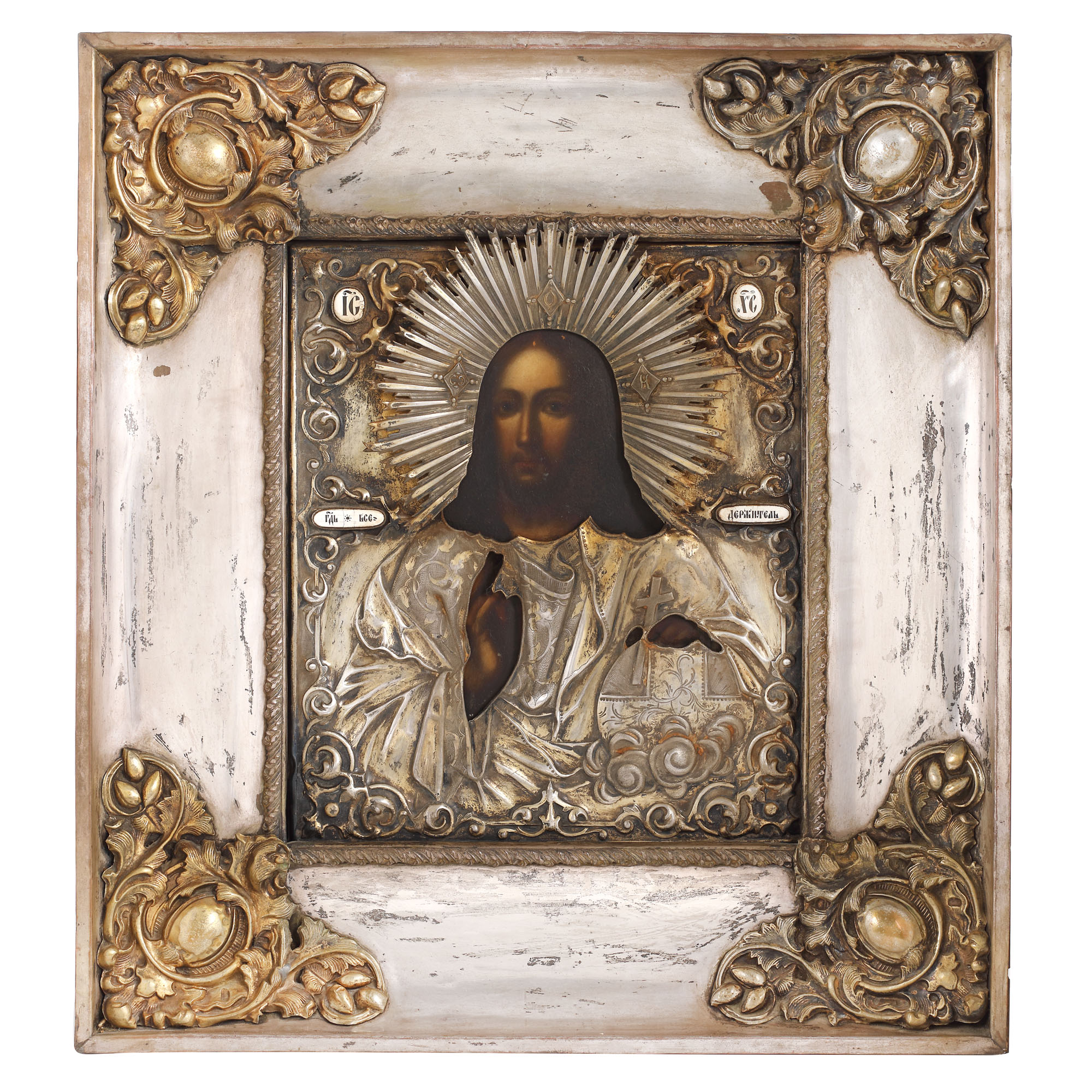 Icoană pe lemn cu ferecătură din argint și email, ”Iisus Pantocrator” ("Salvator Mundi"), școală rusească, prima jumătate a sec. XIX, piesă rară, de colecție