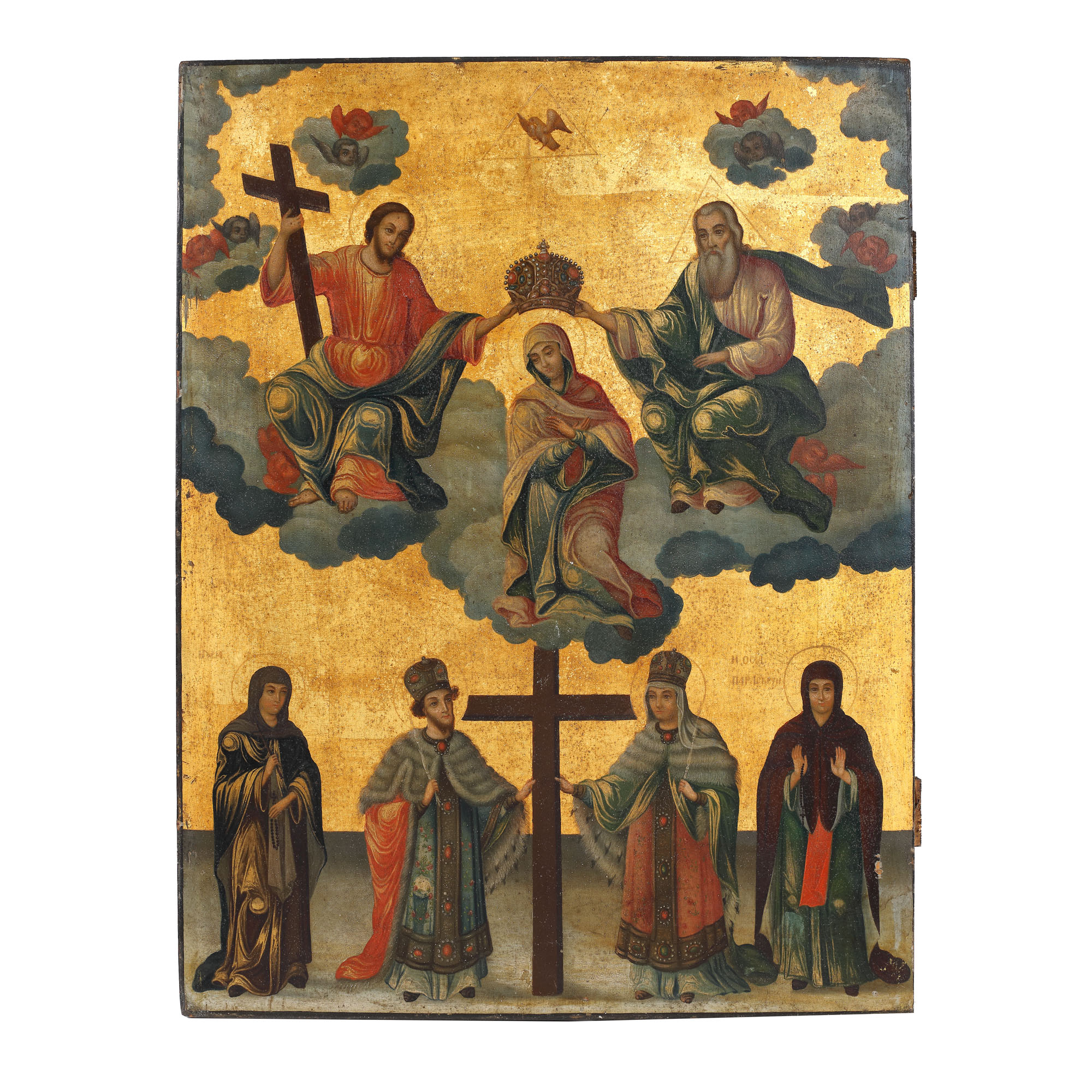 Icoană pe lemn, ”Încoronarea Maicii Domnului (Sfânta Troiță), Sfânta Eufrosina, Sfinții Împărați Constantin și Elena și Sfânta Paraschiva”, școală grecească, sfârșitul sec. XIX