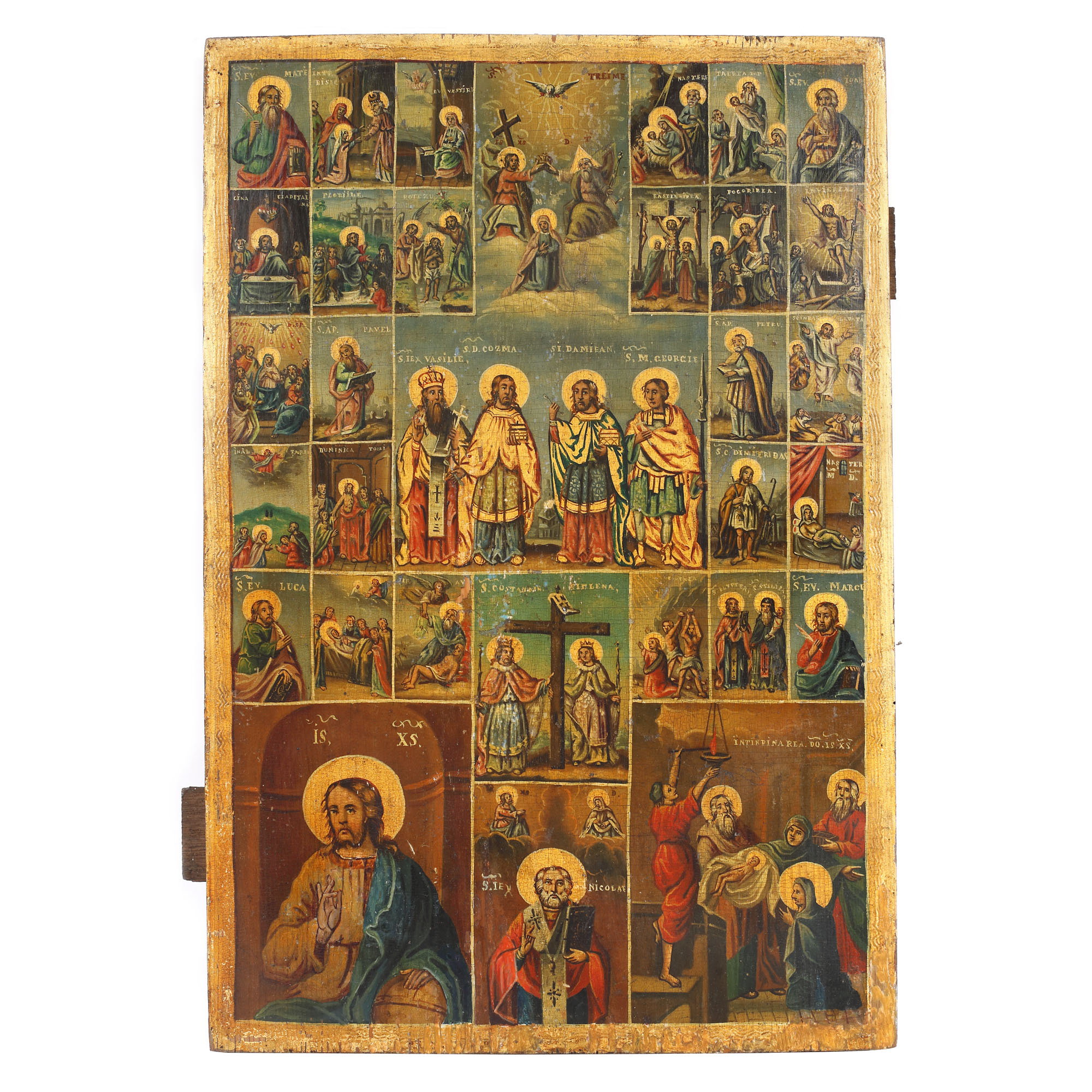 "Holy Trinity, Saint Basil, Saint Cozma, Saint Damian, Saint George and 30 scenes", icon on wood, Romanian school, late 19th century, collector's item