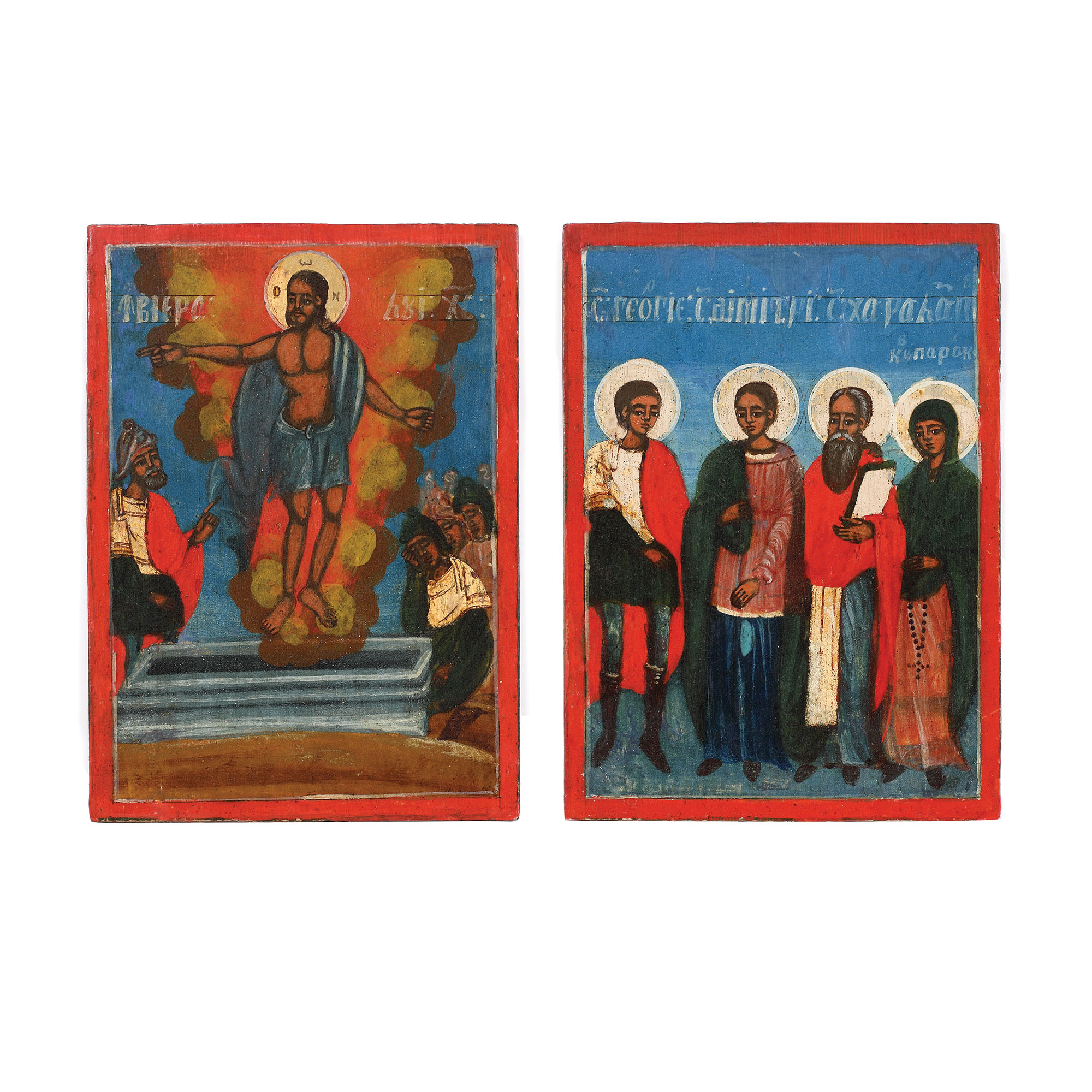 "The Resurrection Of The Lord" and "The Military Saints George and Dumitru, Saint Haralambie The Saviour From The Plague And Famine and Saint Paraschiva (Protector of Moldova)", double holiday icon, attributed to painter Luca, 1859