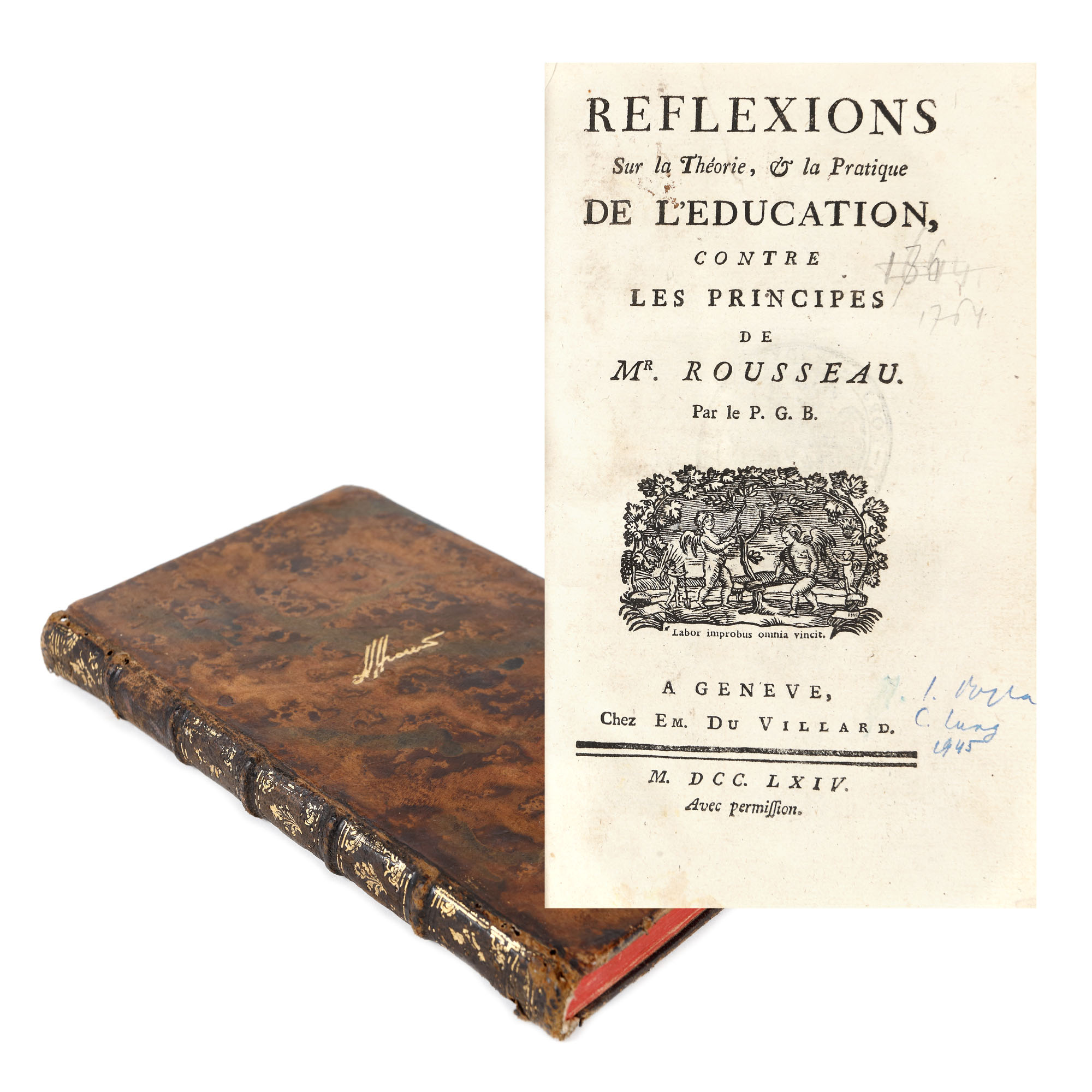 "Cugetări asupra teoriei și practicii în educație contrar principiilor lui Rousseau”, franceză, Geneva, 1764, cu ex-libris etichete Mihail Sturza, ex-libris manuscris Alexandru Constantinu Moruzi, ultimul premier al Moldovei, și ex-libris ștampilă Ioseph Apor